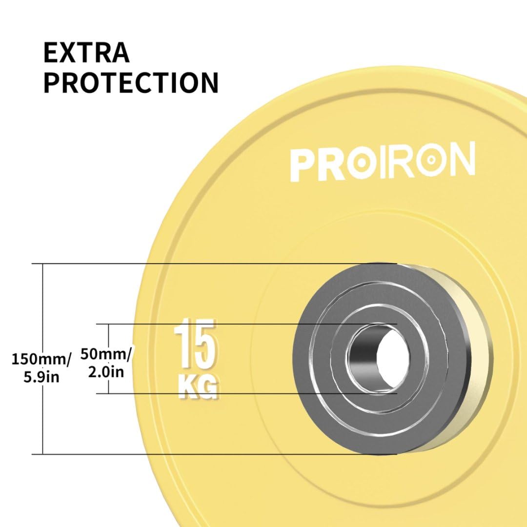 PROIRON Discos de Pesas de Goma, 50mm de Diámetro, Olímpico Discos de 5-25KG, Material de Caucho Endurecido, Resistente a los golpes, Abertura de 51 mm con Anillo Interior de Acero, 15kg*1