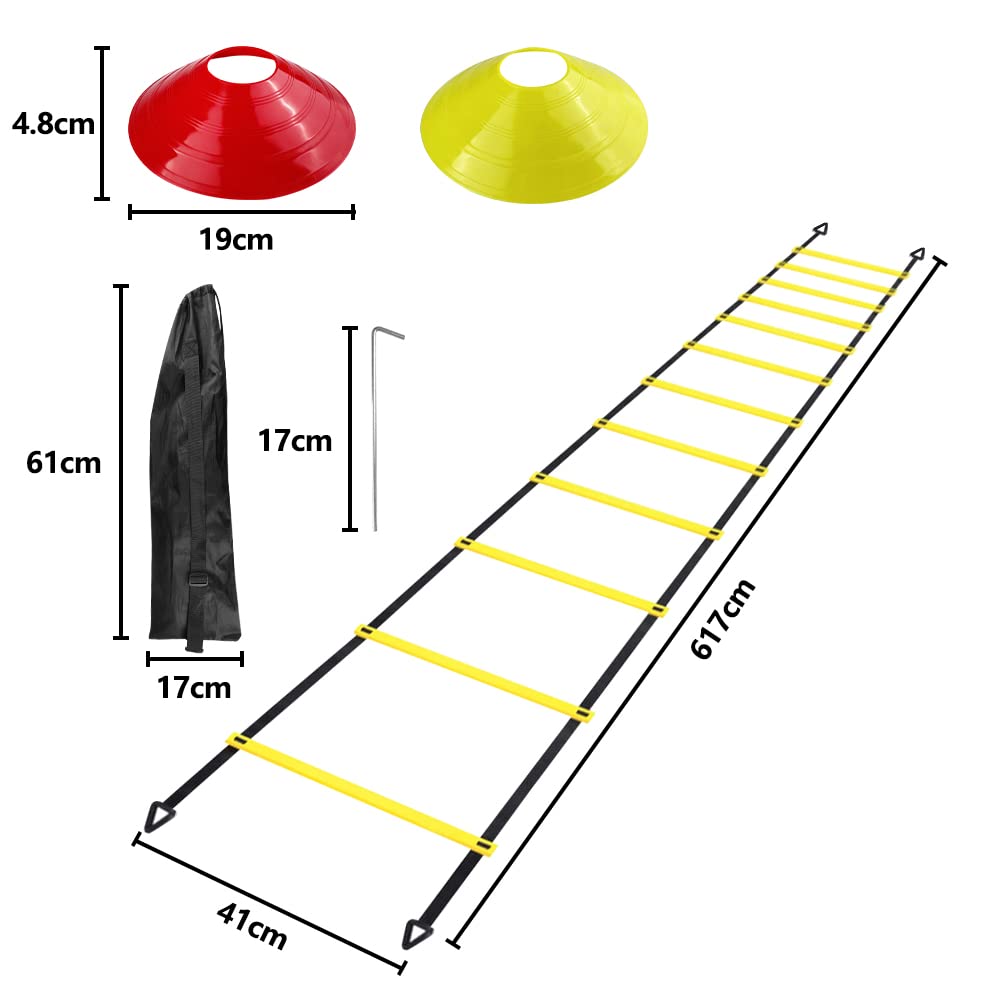 Gvolatee Accesorios de Entrenamiento de fútbol Escalera de coordinación Escalera de Entrenamiento, escaleras de coordinación con 12 Conos 4 Postes Juego de Entrenamiento de fútbol
