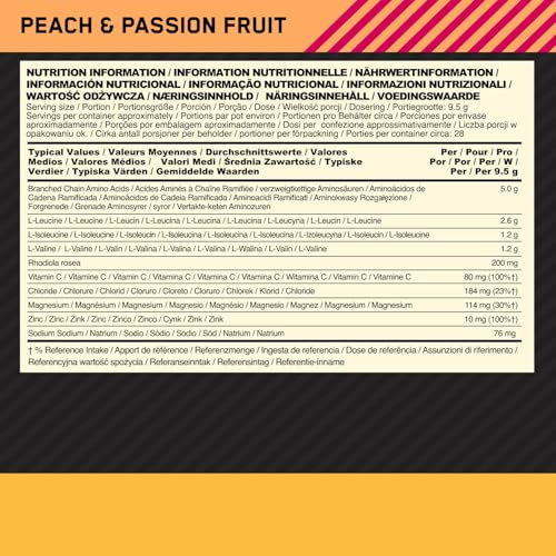 Optimum Nutrition Gold Standard BCAA en Polvo, Sabor Melocotón y Maracuyá, 266g, 28 Servicios