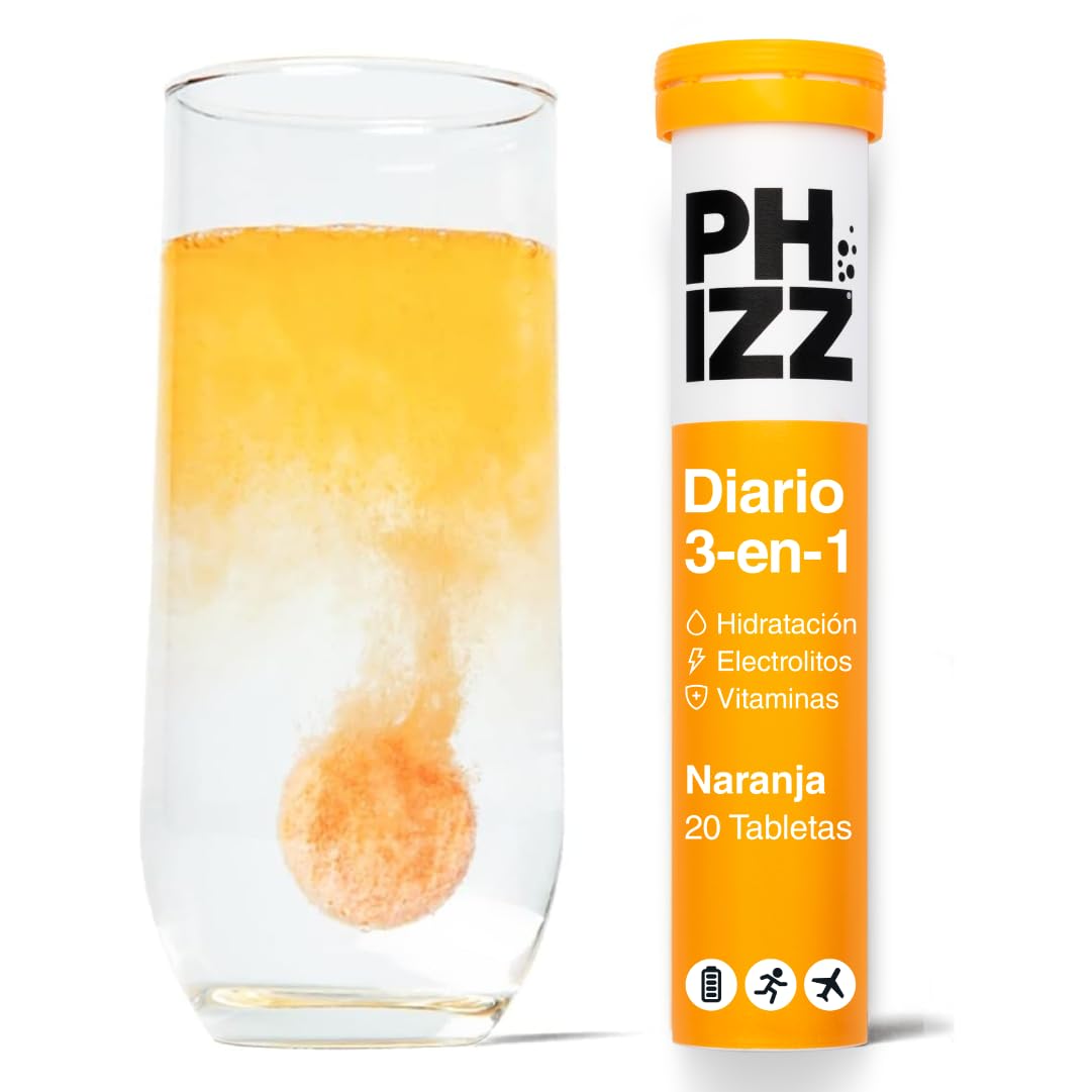 Phizz Electrolitos, Multivitaminas e Hidratación Efervescente 20 Comprimidos - 18 Vitaminas y Minerales, Vitamina C, Vegetariano y Bajo en Calorías (Naranja, 20 Pastilla)