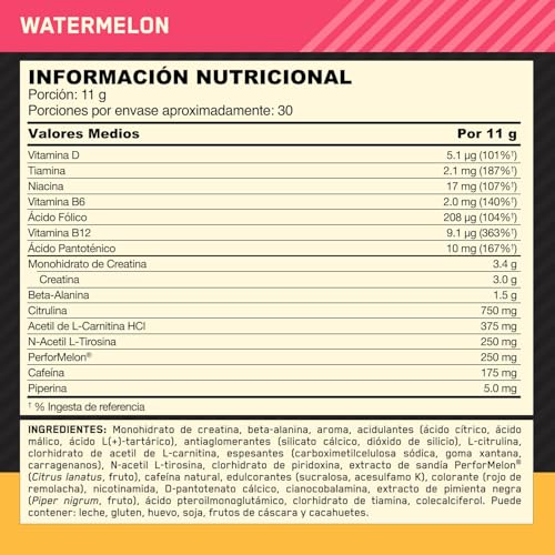 Optimum Nutrition Gold Standard Pre-Entreno en Polvo, Bebida Energética Sabor Sandía, 330g, 30 Servicios