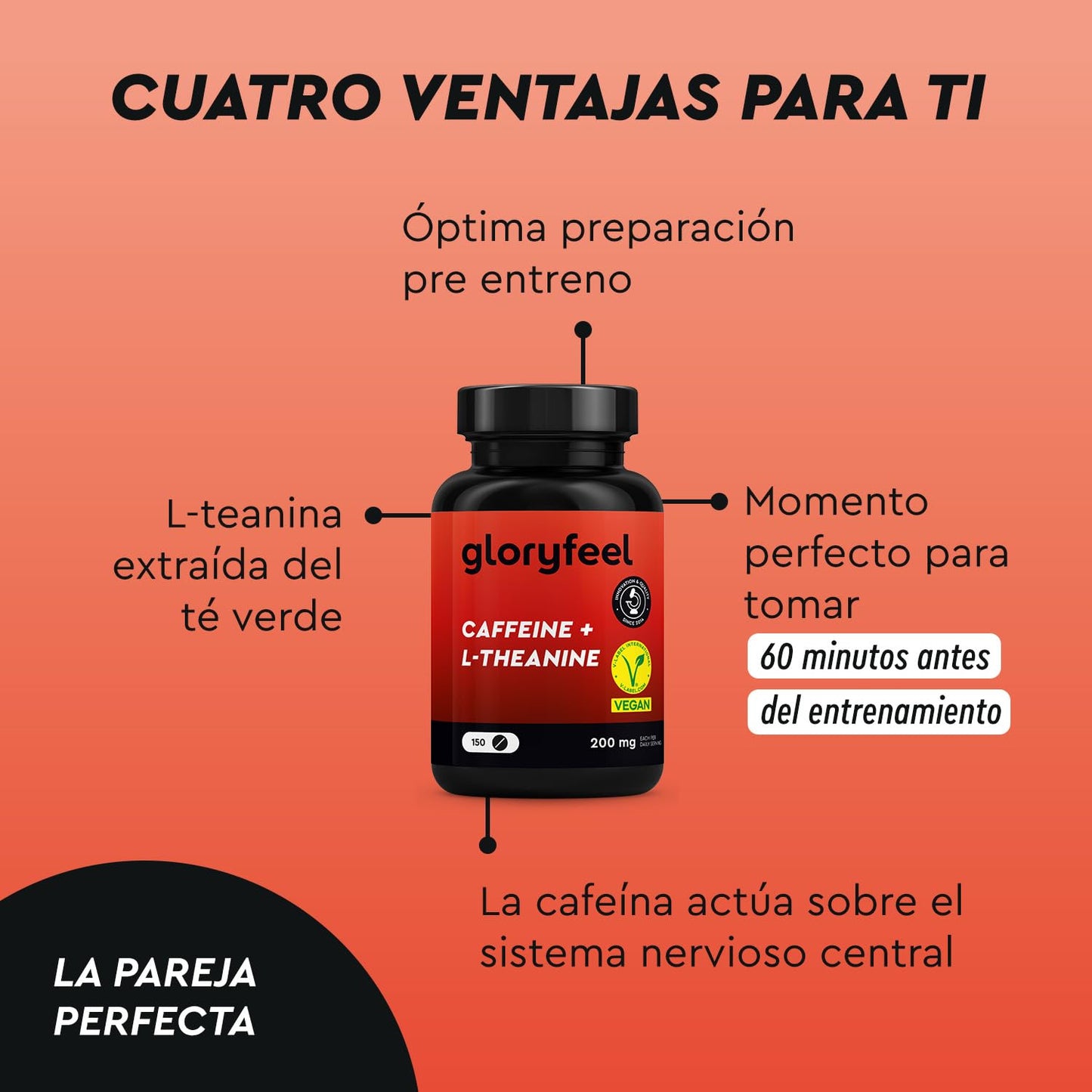 L-Teanina + Cafeína en Altas Dosis - 150 Tabletas con 200mg de Cafeína y 200mg de L Teanina de extracto de Té Verde por dosis diaria - 100% vegano y probado en laboratorio