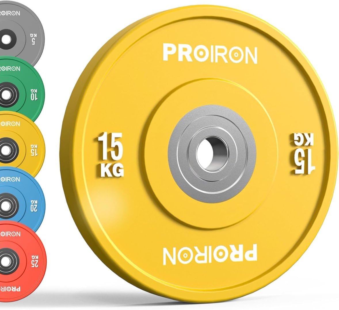 PROIRON Discos de Pesas de Goma, 50mm de Diámetro, Olímpico Discos de 5-25KG, Material de Caucho Endurecido, Resistente a los golpes, Abertura de 51 mm con Anillo Interior de Acero, 15kg*1