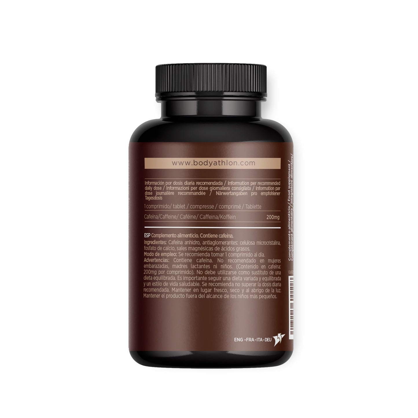 Bodyathlon- Cafeína pura 200mg -150 días- Cafeïna anhidra- Energía y Concentración- Aumenta tu resistencia- Alta dosis- 150 comprimidos- Mejora tu rendimiento Deportivo
