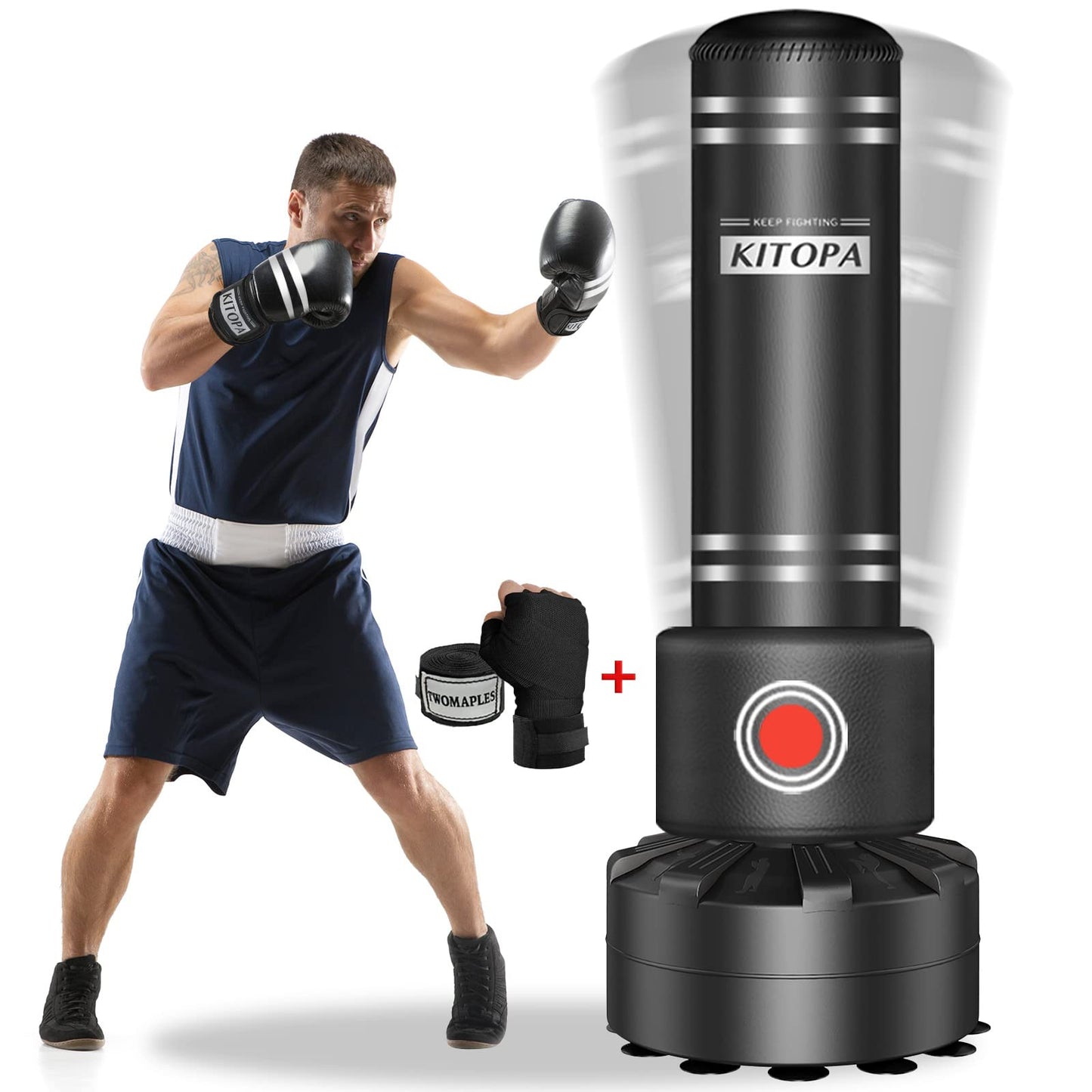 Kitopa - Saco de boxeo de suelo para adultos y jóvenes, saco de boxeo para patadas, puñetazos, kick-boxing, etc., base con ventosas, 82,6 kg como máximo, color negro