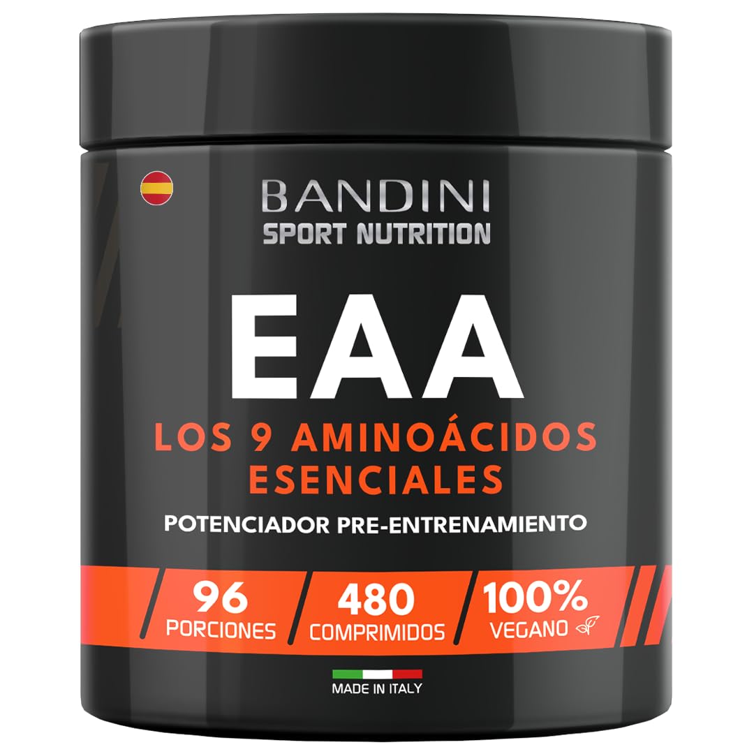 Bandini® EAA Aminoácidos Esenciales 480 TABLETAS - Con 9 Essential Amino Acids - Pre, intra y Post Entrenamiento - Complemento alimenticio para el deporte - Comprimidos - 96 Dosis - Vegan, sin azúcar