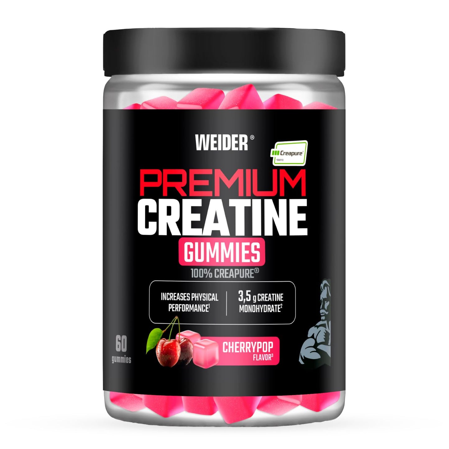 Weider Premium Creatine Gummies (60 gominolas) Sabor Cereza, con 3,5g creatina monohidrato 100% Creapure/porción, ayuda a aumentar el rendimiento físico (20 porciones)