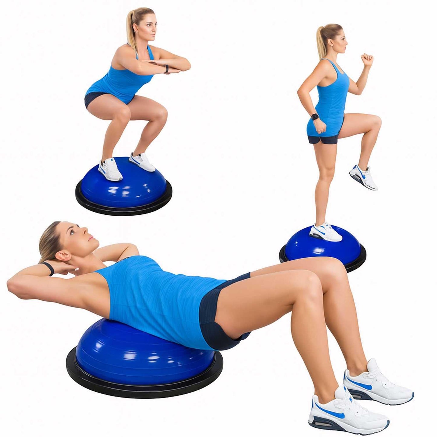 OcioDual Entrenador de Equilibrio, Media Bola Equilibrio Fitness Bos Balance Trainer Ball, Pliometria, Propiocepcion, Pelota Antideslizante con Inflador y Bandas de Resistencia, Azul