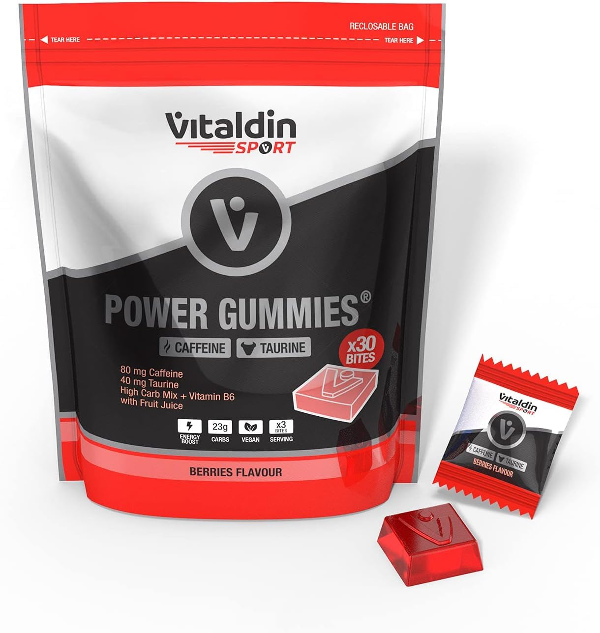 VITALDIN SPORT Power Gummies Caffeine & Taurine – 80 mg Cafeína, 40 mg Taurina por serving + Vitamina B6 – Doypack de 30 Bites de gominola – Sabor frutos rojos – Vegano