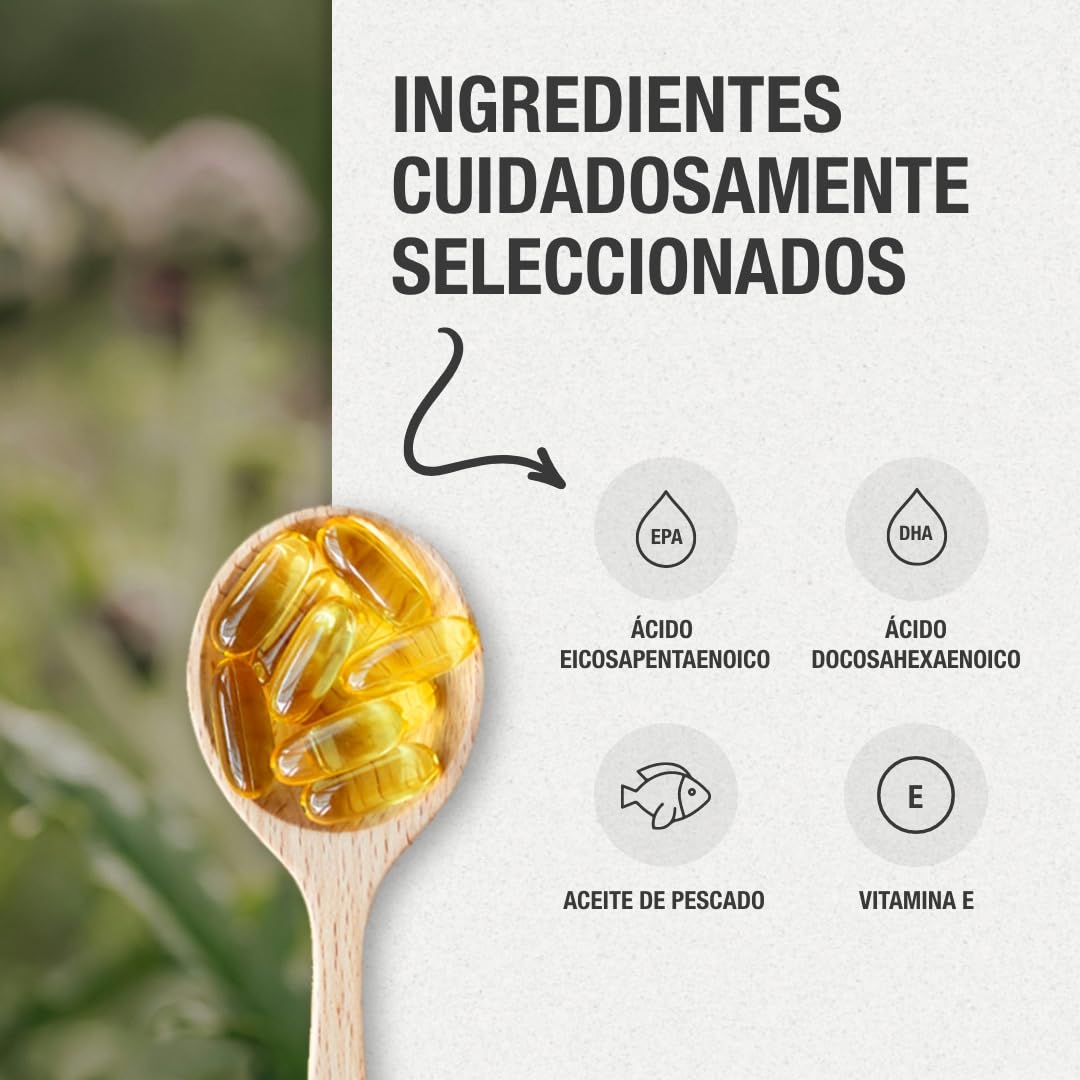 Omega 3 máxima concentración EPA 700mg + DHA 500mg Ácidos grasos Omega 3 (2000 mg) + Vitamina E a base de aceite de pescado salvaje. 120 perlas blandas