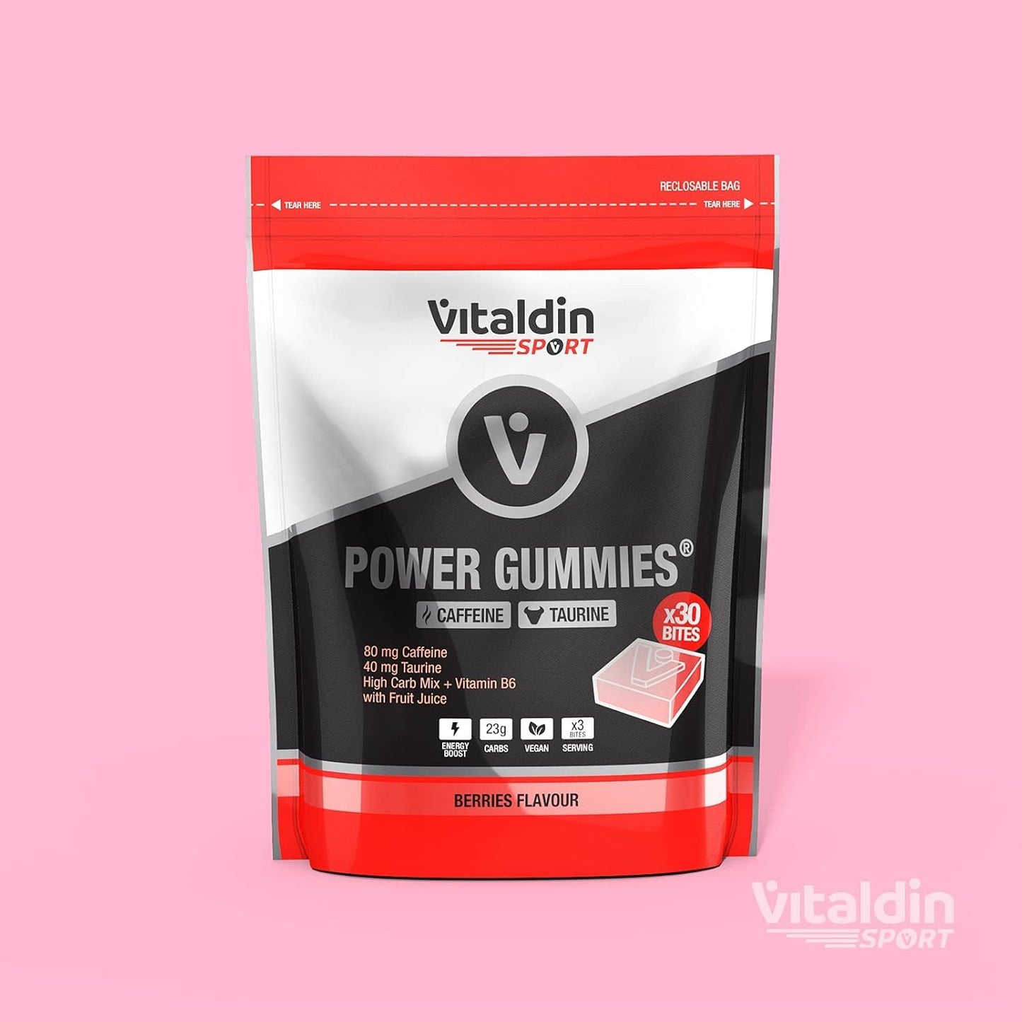 VITALDIN SPORT Power Gummies Caffeine & Taurine – 80 mg Cafeína, 40 mg Taurina por serving + Vitamina B6 – Doypack de 30 Bites de gominola – Sabor frutos rojos – Vegano