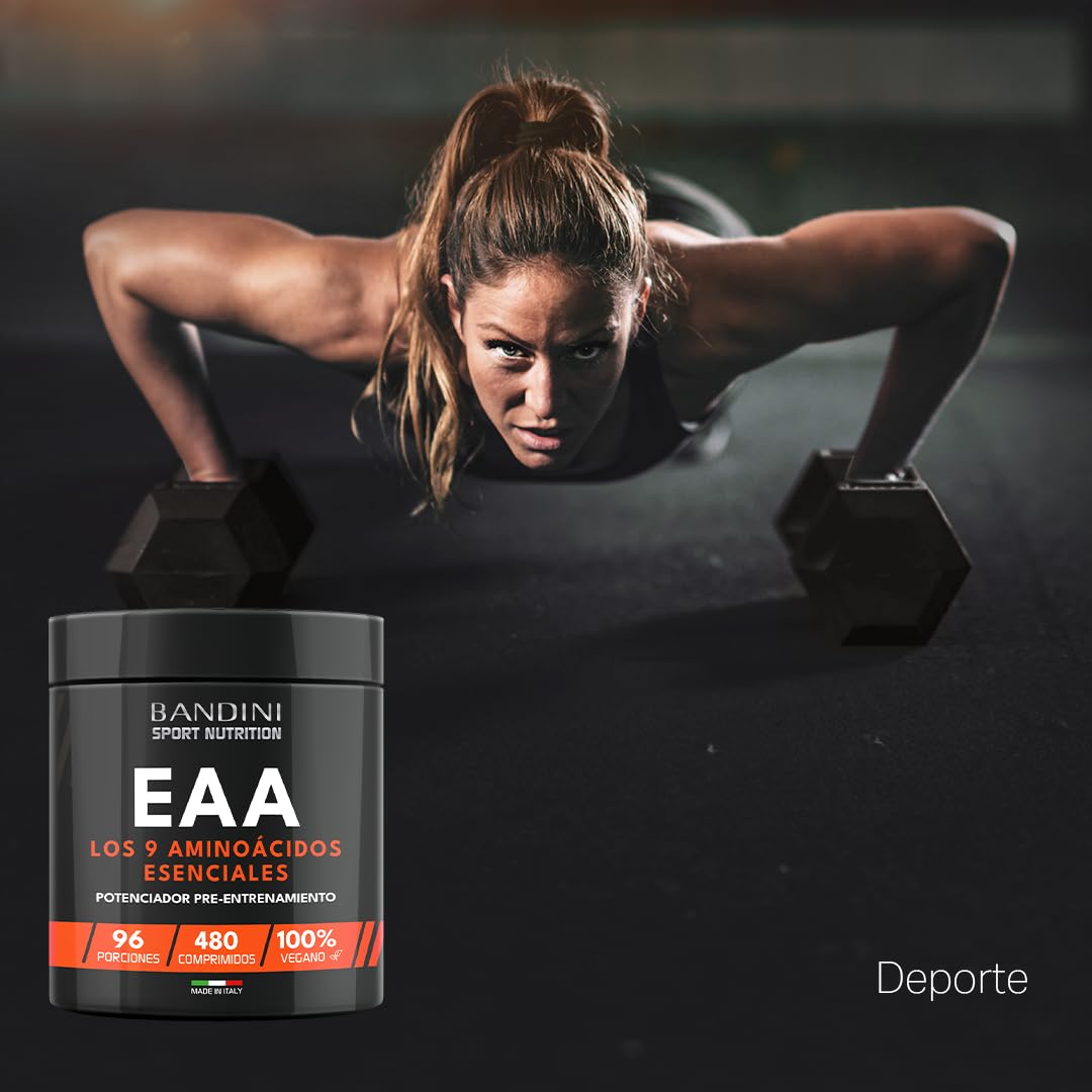 Bandini® EAA Aminoácidos Esenciales 480 TABLETAS - Con 9 Essential Amino Acids - Pre, intra y Post Entrenamiento - Complemento alimenticio para el deporte - Comprimidos - 96 Dosis - Vegan, sin azúcar