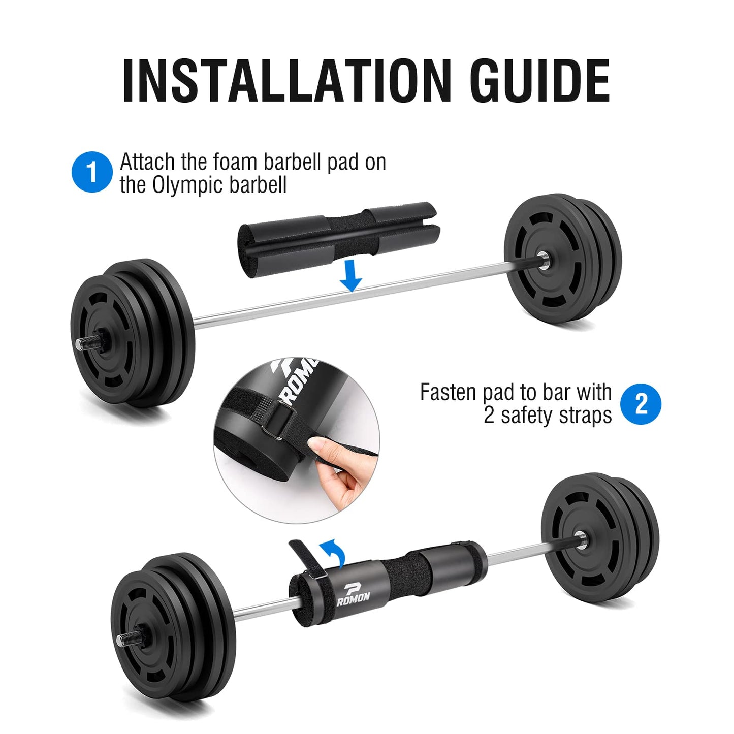 Romon Almohadilla Barra Gimnasio, Cuello Y Hombros Almohadilla Sentadillas con 2 Correas de Seguridad, Para Levantamiento de Lunges Hip Thrusts, negro, 43
