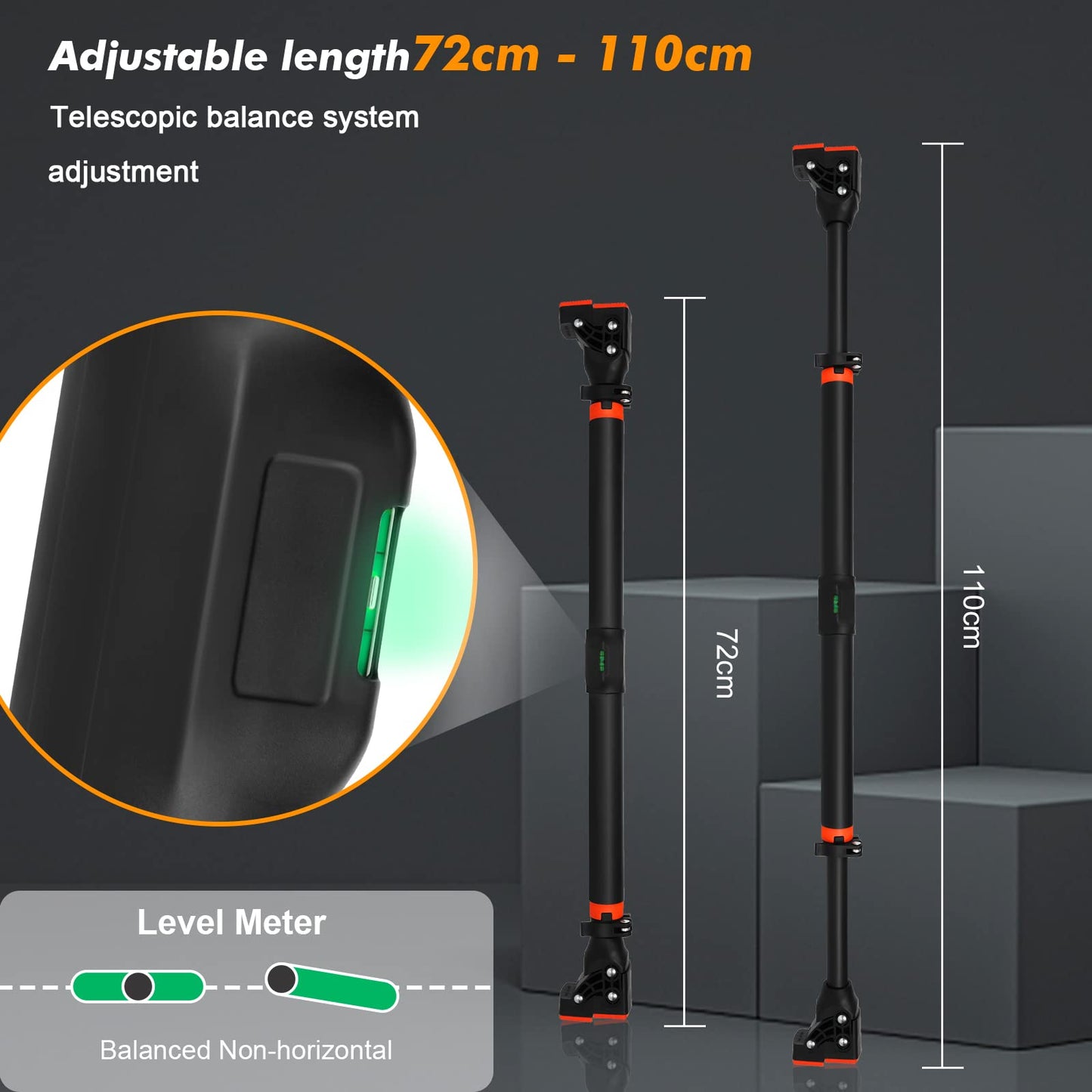 AETKFO Barra de Dominadas sin Tornillos, Barra de Ejercicio para Pared, Ajustable 72cm - 110cm, hasta 200 kg, Barra de Entrenamiento para Puerta Bloqueo Auto para Gimnasio en Casa Entrenamiento Físico
