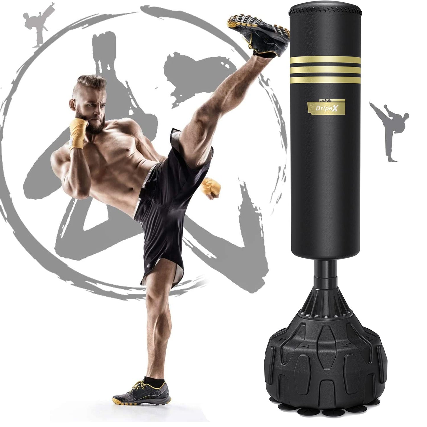 Dripex Saco de Boxeo de Pie para Adultos, 178cm Saco de Arena para Adultos MMA Karate Fitness Kickboxing, Resortes Amortiguador, Rellenable de Arena 80kg /Agua 60kg (12 Ventosas)