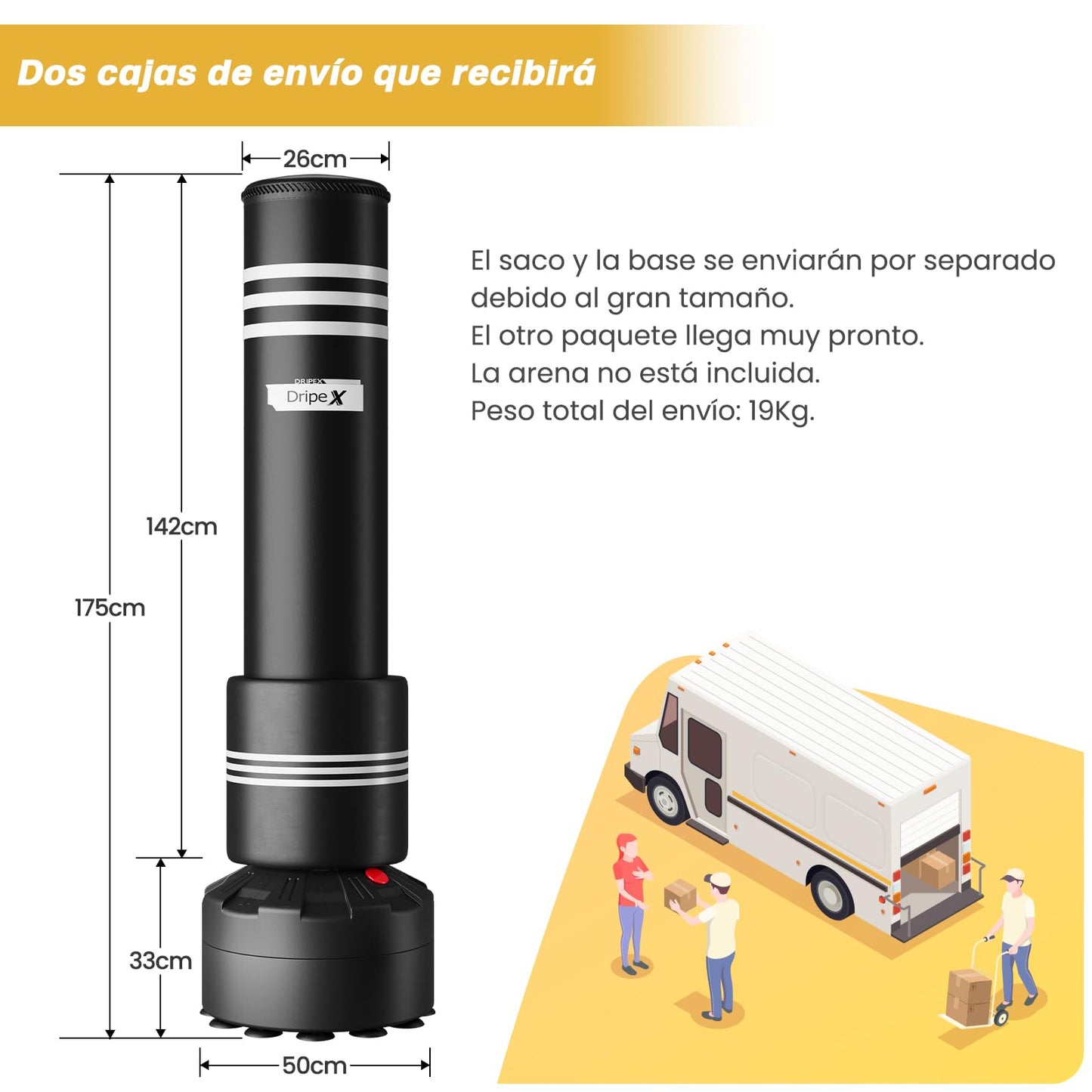 Dripex Saco de Boxeo de Pie para Adultos, Compañero de Boxeo de MMA, Entrenador de Boxeo, Resistente, con Base de Succión, Rellenable de Arena 80kg /Agua 60kg Aprox (con Protector)