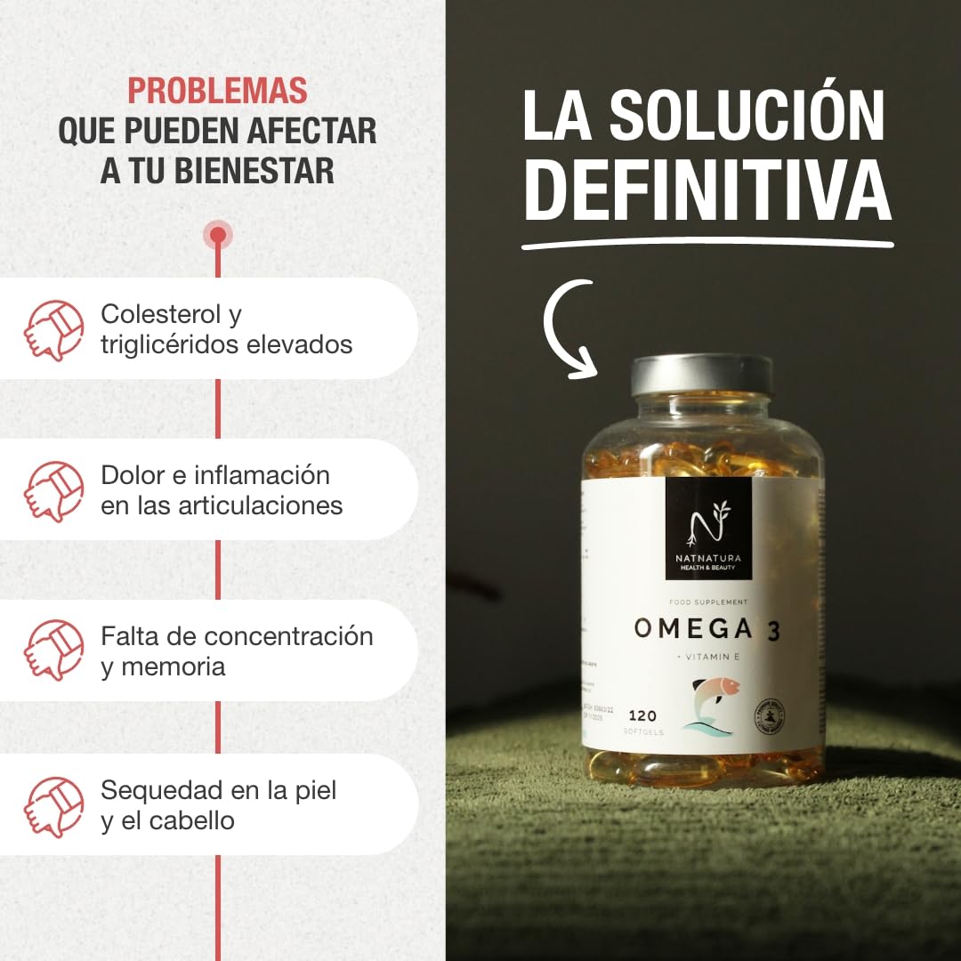 Omega 3 máxima concentración EPA 700mg + DHA 500mg Ácidos grasos Omega 3 (2000 mg) + Vitamina E a base de aceite de pescado salvaje. 120 perlas blandas