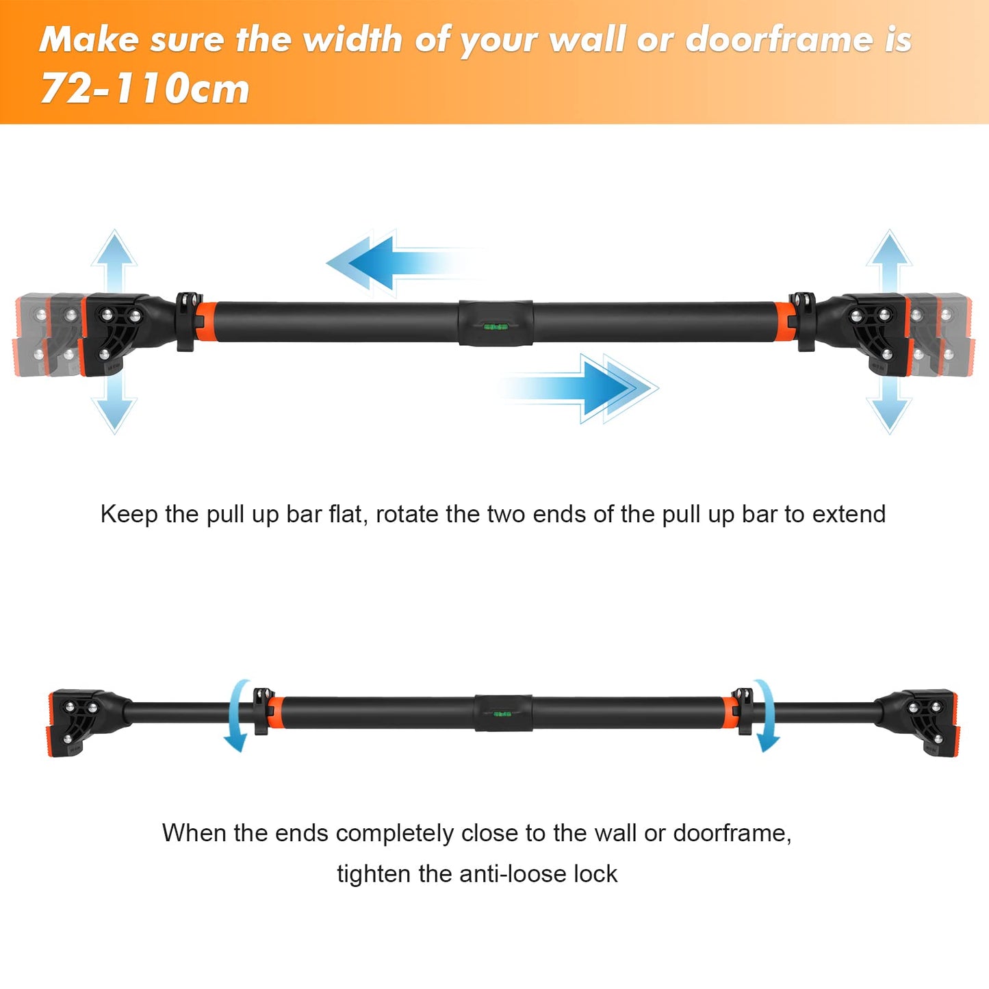 AETKFO Barra de Dominadas sin Tornillos, Barra de Ejercicio para Pared, Ajustable 72cm - 110cm, hasta 200 kg, Barra de Entrenamiento para Puerta Bloqueo Auto para Gimnasio en Casa Entrenamiento Físico