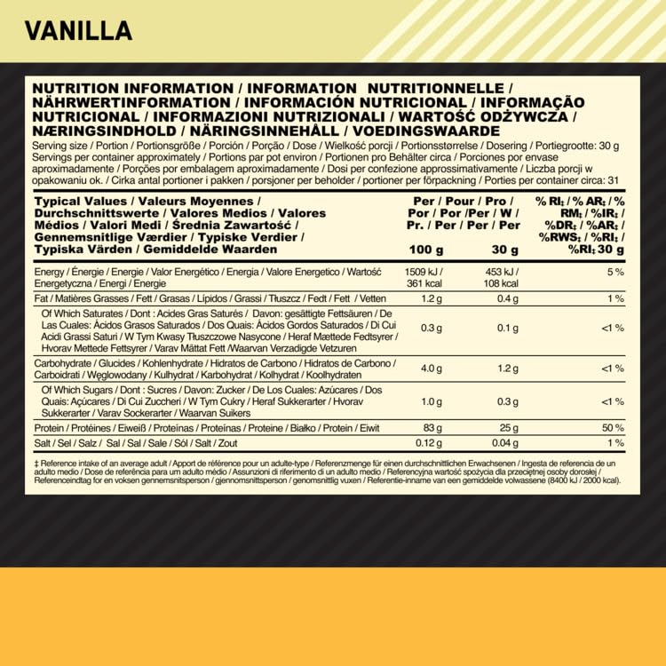 Optimum Nutrition Gold Standard 100% Proteína de Suero Aislada en Polvo, Sabor Vainilla, 930g, 31 Servicios