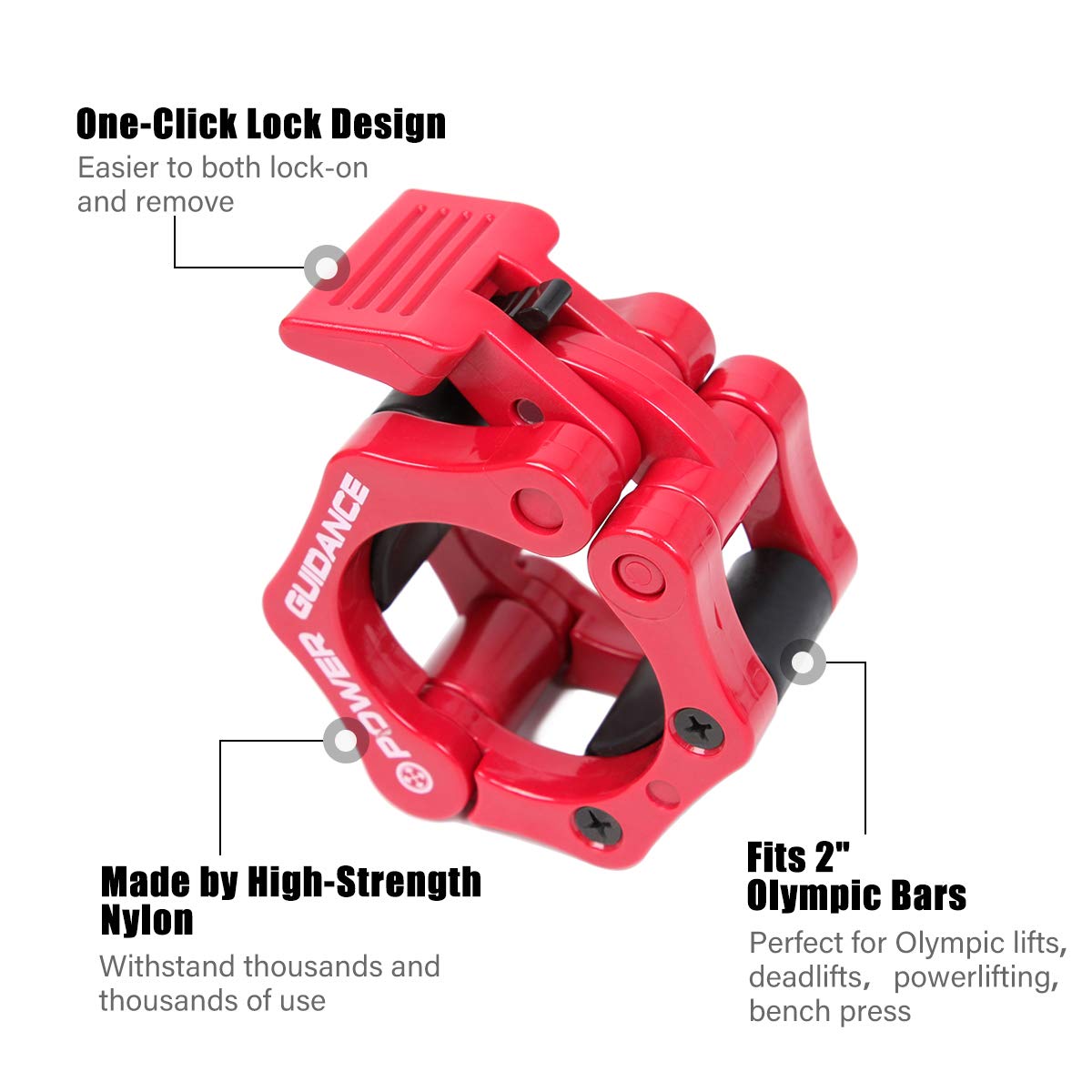 POWER GUIDANCE Abrazaderas Mancuerna para Barras Olímpica 50mm Cierres Barra Abrazaderas de Topes para Barras de Pesas con Bloqueo Cierre de sujeción rápida y Segura(1 par)