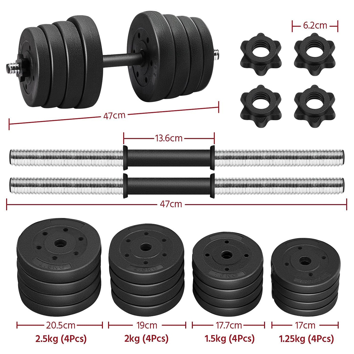 Yaheetech Mancuernas Ajustables 2x15 kg Pesos Fitness Entrenamiento con Barras de Acero y Discos Juego de Pesas Musculacion con Cerraduras de Estrella