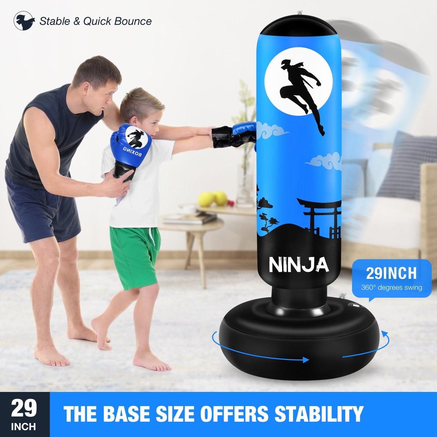 Saco de Boxeo, Bolsa de Boxeo Independiente 168cm, Incluye Guantes de Boxeo y Bombas Inflables Manuales, Saco de Boxeo para Niños de 5 a 12 años, Juego de Boxeo (Azul)