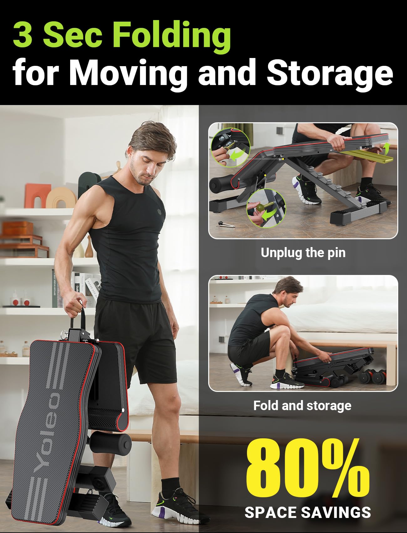YOLEO Banco de Pesas Ajustable, Soporta 300kg Utilidad Plegable,de Entrenamiento de Cuerpo Completo Inclinación Decline Levantamiento Plano, Press, para Ejercicios de Gimnasio en casa