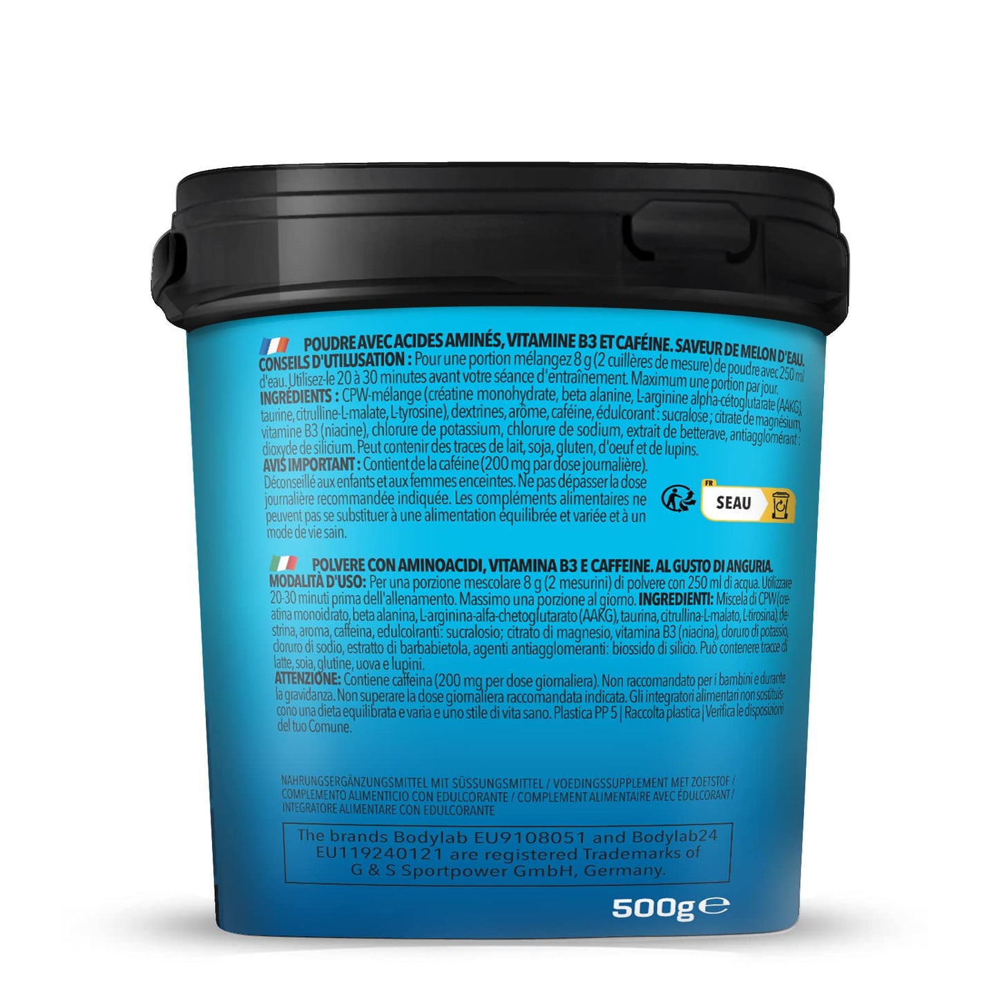 Bodylab24 Concentrated Pre-Workout Booster Sandías 500g, potenciador de energía con creatina, beta-alanina, arginina, niacina y cafeína, para más potencia y energía durante los entrenamientos