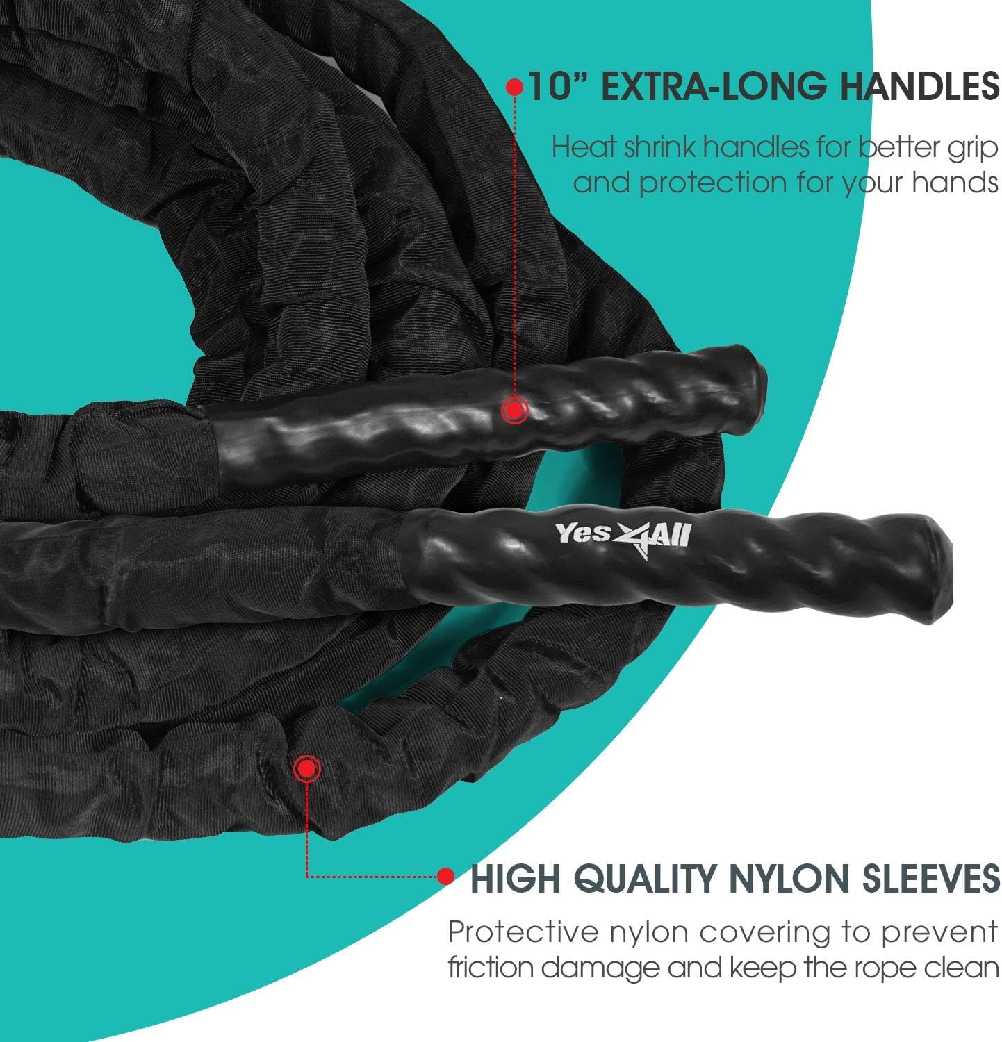 Yes4All Cuerda de entrenamiento para ejercicios de batalla con cubierta protectora, anclaje de acero y correa incluida, 38 mm/50 mm de diámetro, Poly Dacron, 9 m, 12 m, 15 m de longitud (38 mm - 12 m)