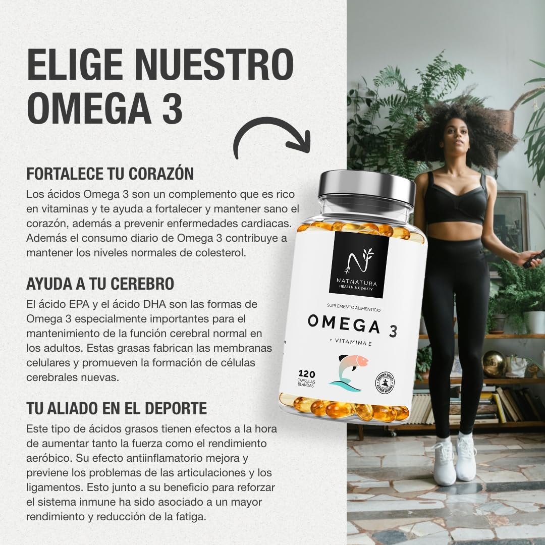 Omega 3 máxima concentración EPA 700mg + DHA 500mg Ácidos grasos Omega 3 (2000 mg) + Vitamina E a base de aceite de pescado salvaje. 120 perlas blandas