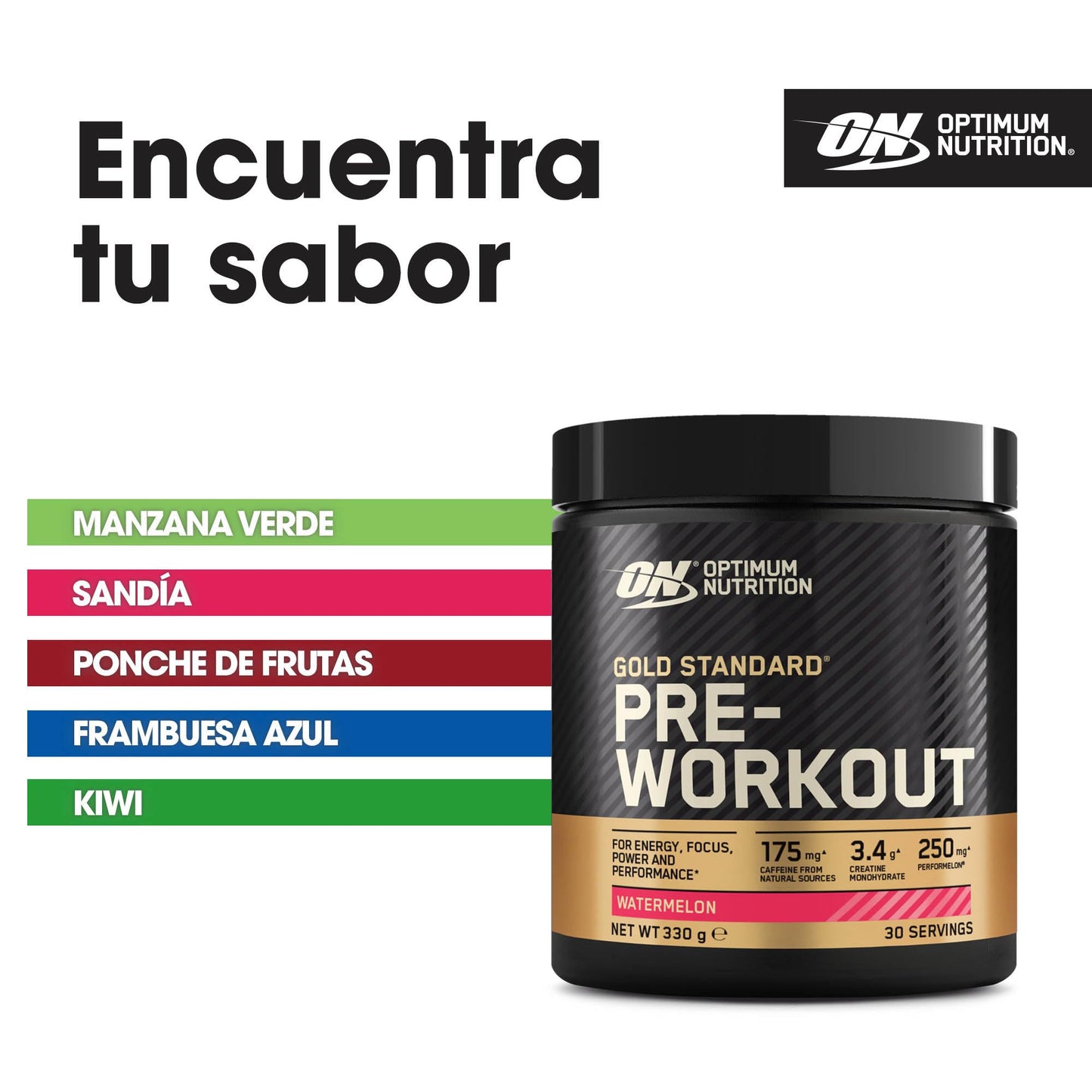 Optimum Nutrition Gold Standard Pre-Entreno en Polvo, Bebida Energética Sabor Sandía, 330g, 30 Servicios