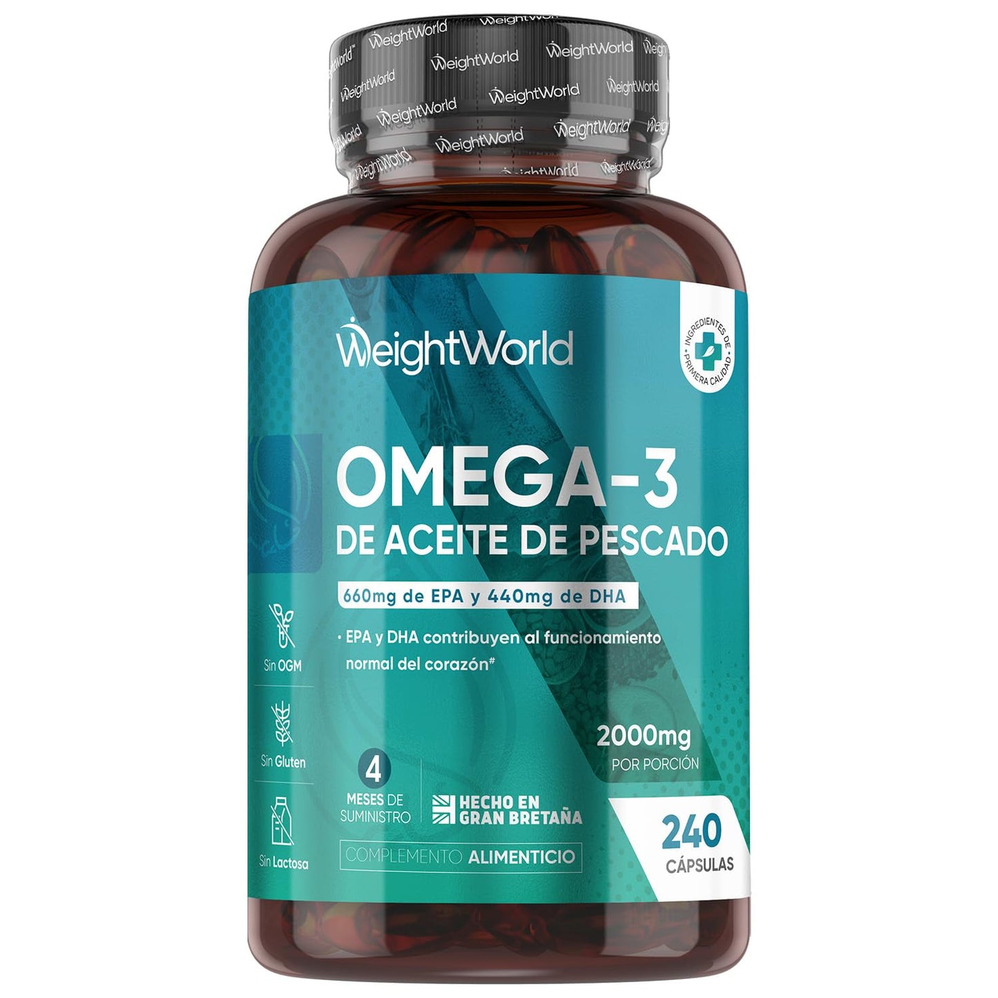 Omega 3 2000mg - 240 Perlas de Aceite de Pescado (660mg EPA + 440mg DHA) - Ácidos Grasos de Omega 3 para 4 Meses, Sin OGM