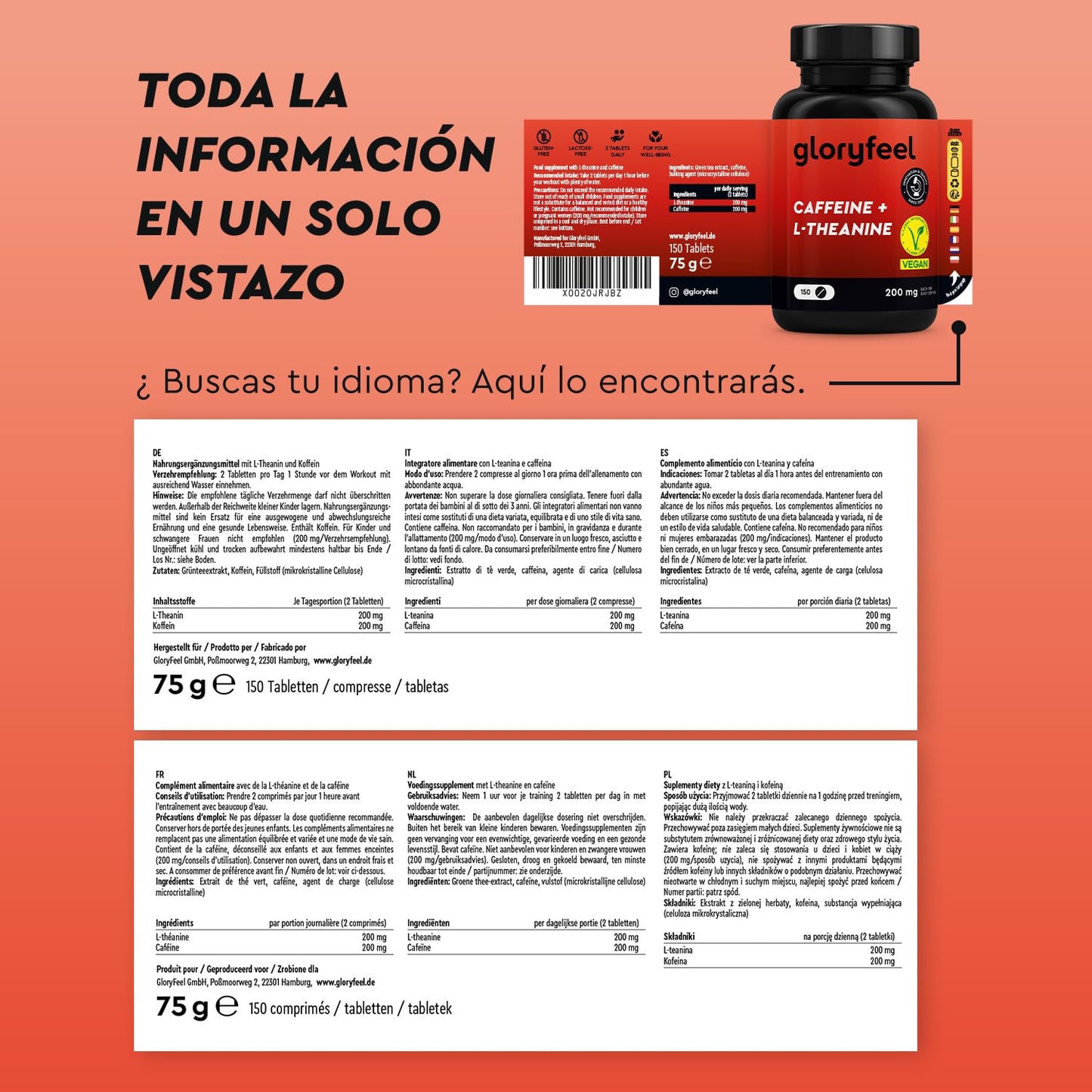 L-Teanina + Cafeína en Altas Dosis - 150 Tabletas con 200mg de Cafeína y 200mg de L Teanina de extracto de Té Verde por dosis diaria - 100% vegano y probado en laboratorio