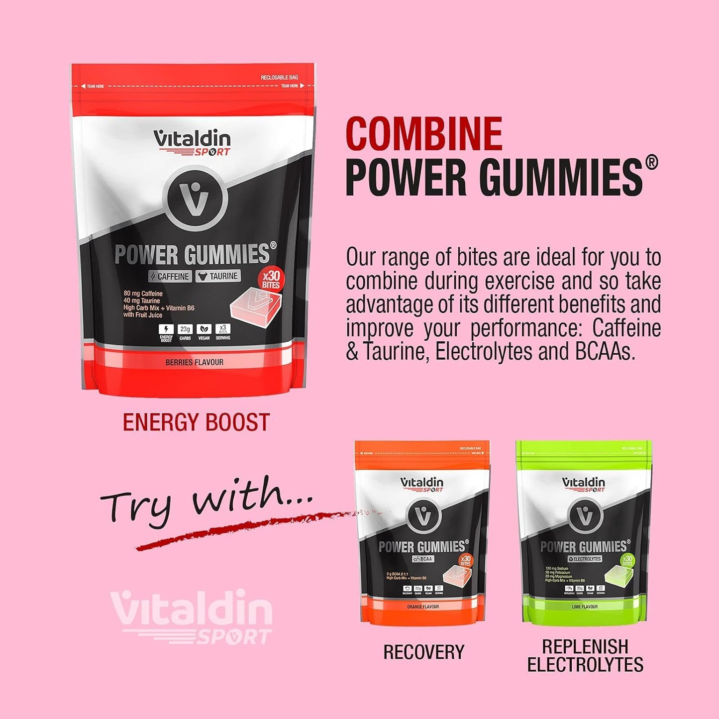 VITALDIN SPORT Power Gummies Caffeine & Taurine – 80 mg Cafeína, 40 mg Taurina por serving + Vitamina B6 – Doypack de 30 Bites de gominola – Sabor frutos rojos – Vegano