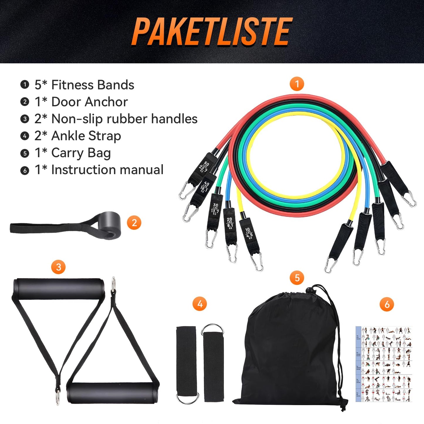 FAOKZE Gomas elasticas musculación con 5 Niveles de Resistencia,Set de Bandas de Resistencia con Anclaje para Puerta,Asas,Correa para Tobillo,Bolsa de Transporte,para Fitness/Estiramiento/Pilates