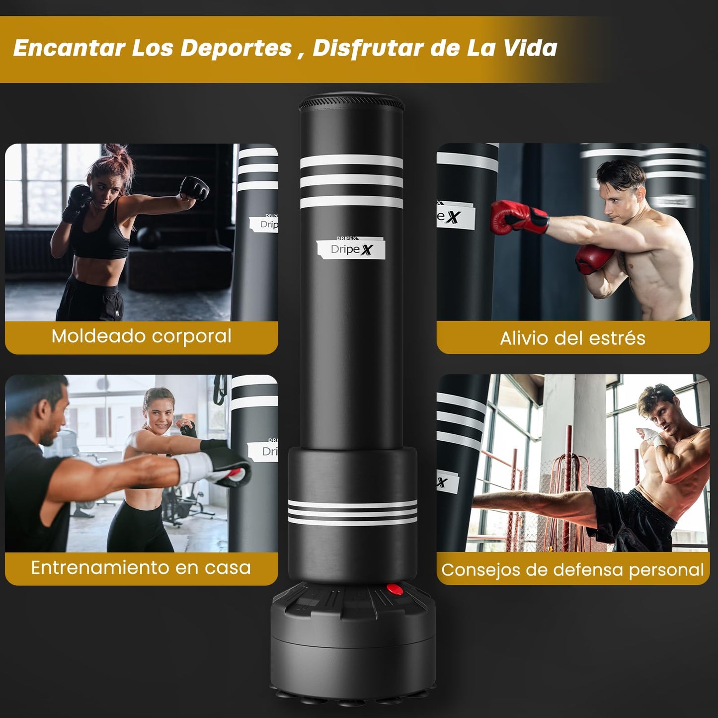 Dripex Saco de Boxeo de Pie para Adultos, Compañero de Boxeo de MMA, Entrenador de Boxeo, Resistente, con Base de Succión, Rellenable de Arena 80kg /Agua 60kg Aprox (con Protector)
