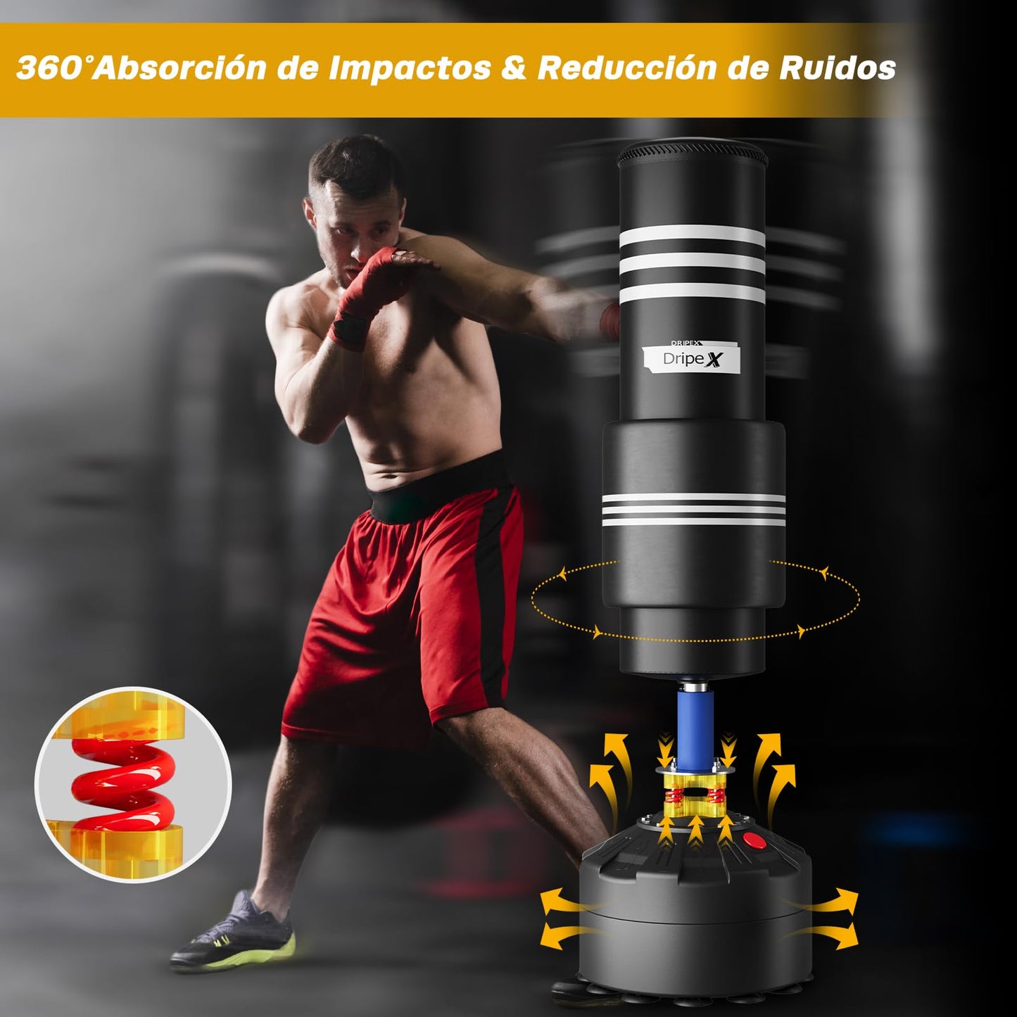 Dripex Saco de Boxeo de Pie para Adultos, Compañero de Boxeo de MMA, Entrenador de Boxeo, Resistente, con Base de Succión, Rellenable de Arena 80kg /Agua 60kg Aprox (con Protector)