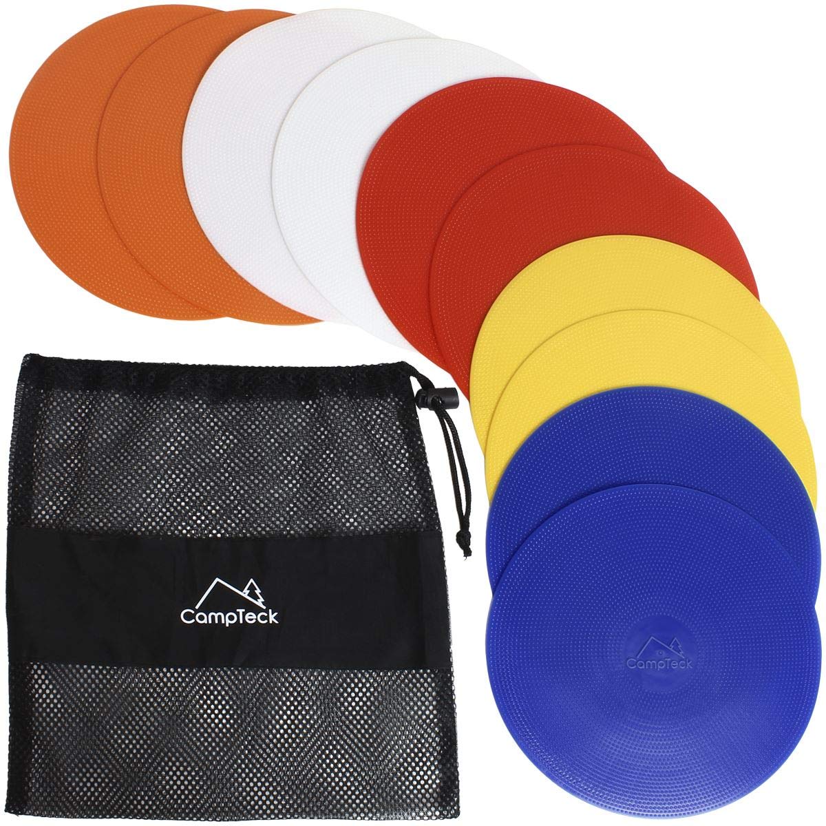 CampTeck U6934 - Conos Entrenamiento Planos de Flexibles, Conos Planos (Paquete de 10) con Bolsa de Malla Negra - Colores Discos: Naranja, Azul, Rojo, Blanco, Amarillo