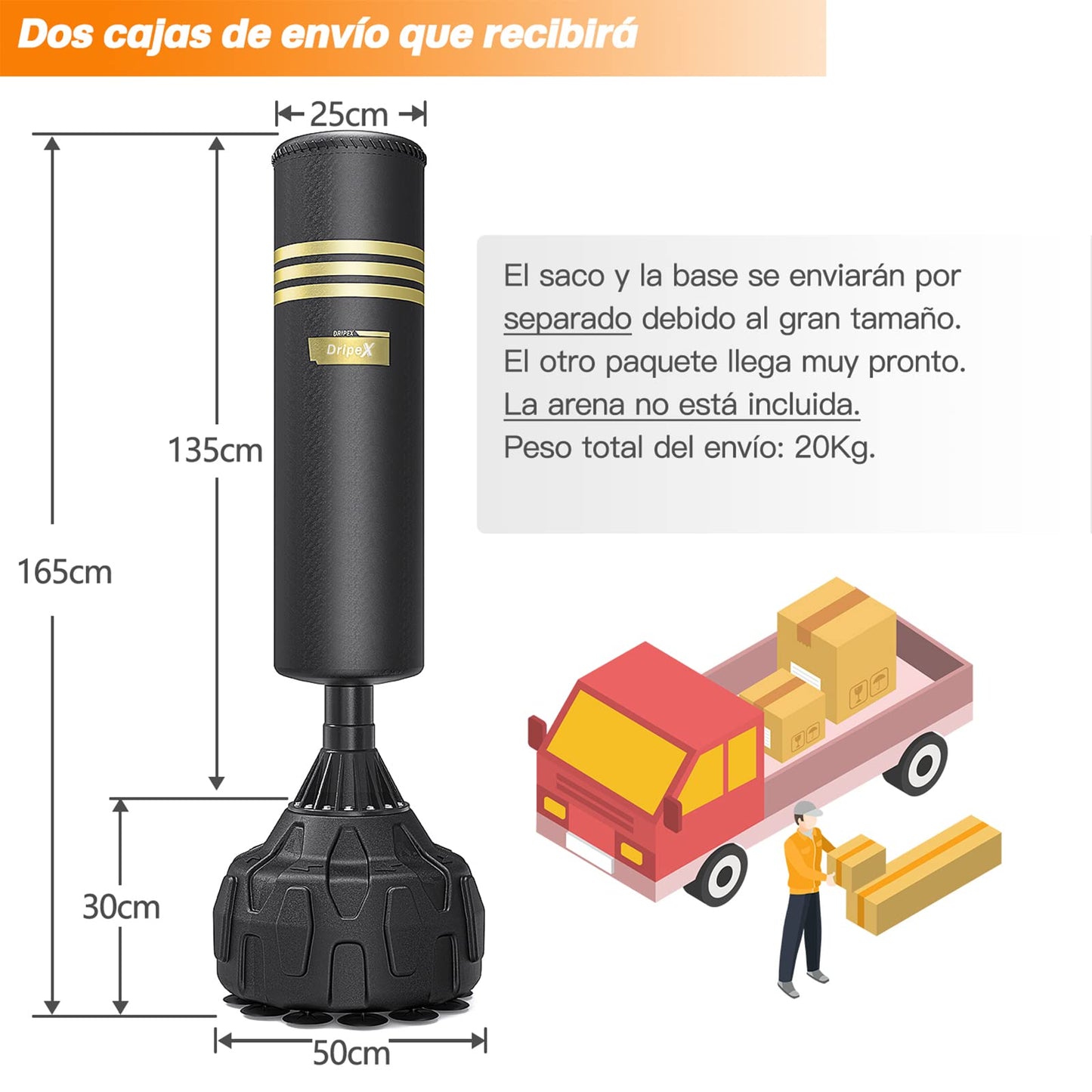 Dripex Saco de Boxeo de Pie para Adultos, 178cm Saco de Arena para Adultos MMA Karate Fitness Kickboxing, Resortes Amortiguador, Rellenable de Arena 80kg /Agua 60kg (12 Ventosas)