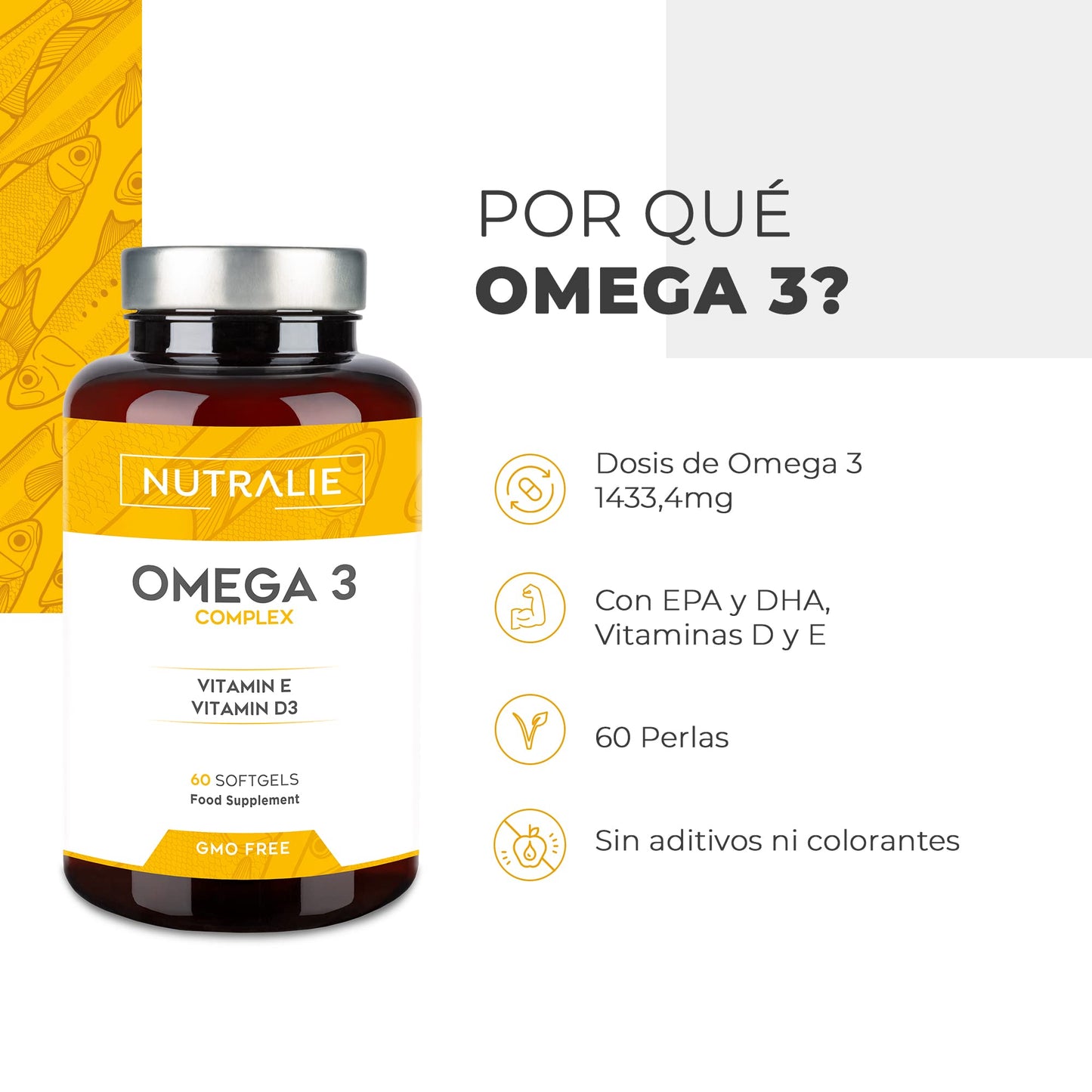 Omega 3 Cápsulas 2000mg Puro - DHA y EPA Alta Concentración - Aceite de Pescado Vitaminas D E - 60 Cápsulas Fish Oil Omega 3 Nutralie (Sin sabor)