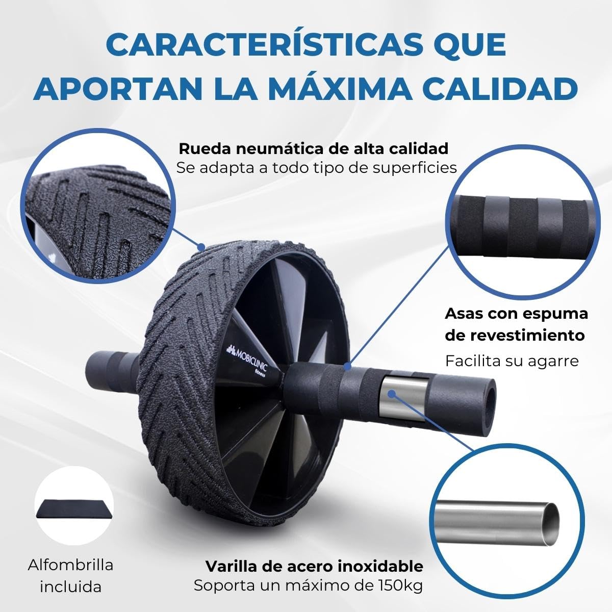 Mobiclinic, Rodillo para abdominales, Alfombrilla incluida, Set ejercitar, Marca española, Carga máxima de 150 kg, Entrenamiento en casa, Rueda abdominal, Flexiones