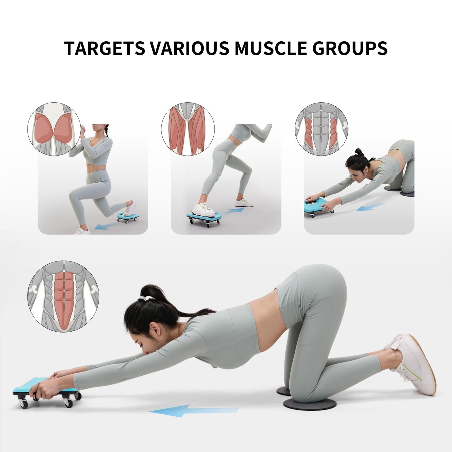 PROIRON Rueda Abdominal, 4 Ruedas Ejercitador Abdominal Placa Deslizante Multifunción, con Alfombrilla para Rodillas, para Ejercicio Abdominales en Casa y Gimnasio, Azul