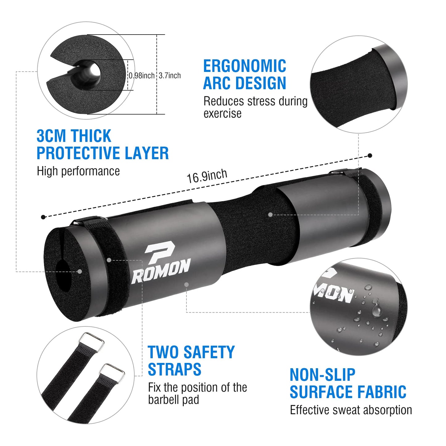 Romon Almohadilla Barra Gimnasio, Cuello Y Hombros Almohadilla Sentadillas con 2 Correas de Seguridad, Para Levantamiento de Lunges Hip Thrusts, negro, 43