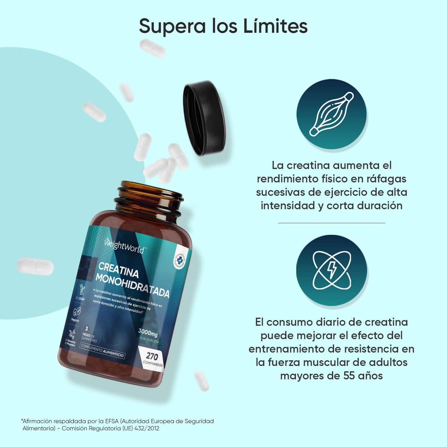 Creatina Monohidratada 3000mg, 270 Comprimidos, 3 Meses de Suministro - Suplemento Deportivo Apto para Veganos, 3 Comprimidos al Día, Sin OGM ni Estearato de Magnesio