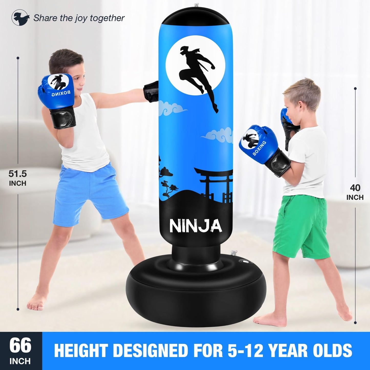 Saco de Boxeo, Bolsa de Boxeo Independiente 168cm, Incluye Guantes de Boxeo y Bombas Inflables Manuales, Saco de Boxeo para Niños de 5 a 12 años, Juego de Boxeo (Azul)