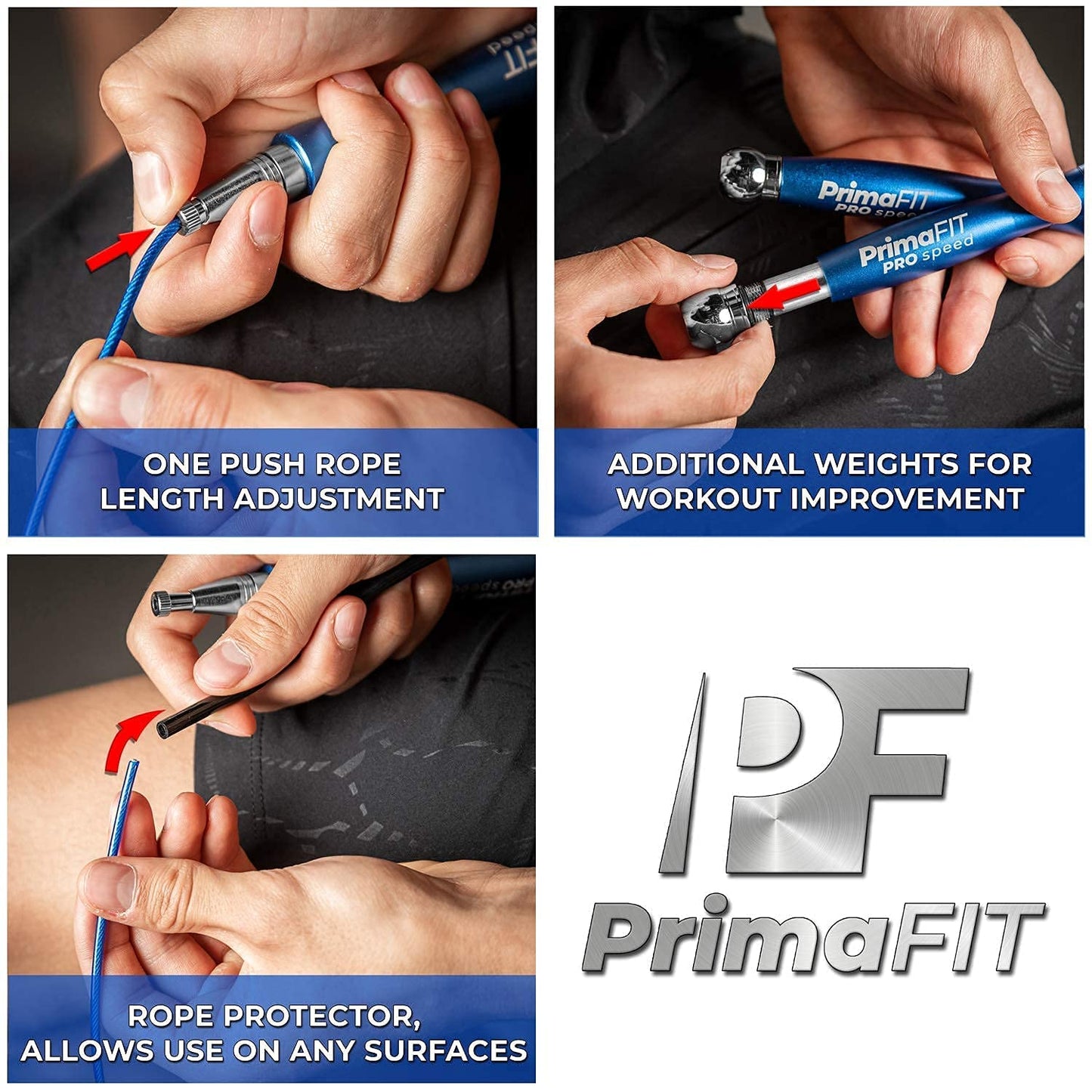 PrimaFIT Pro Speed Cuerda Saltar, Comba Crossfit Hombre y Mujer de Alta Velocidad para Boxeo y Fitness - Mango de Aluminio, Autoajustable, Rodamientos de Rápidos, 2 Lastres, Cable de Repuesto, Bolsa