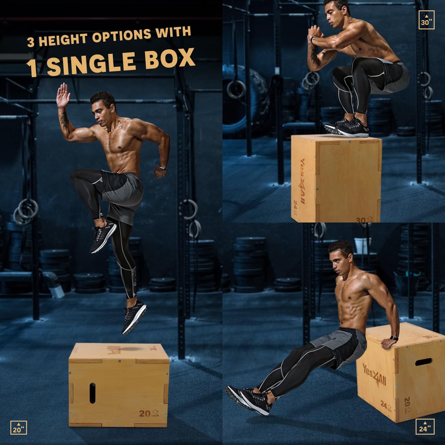 Yes4All W6P6 3 en 1 Caja Pliométrica de Madera 40,6 x 35,5 x 30,5 cm, Entrenamiento Pliométrico, Color Madera Clara, Caja de Salto