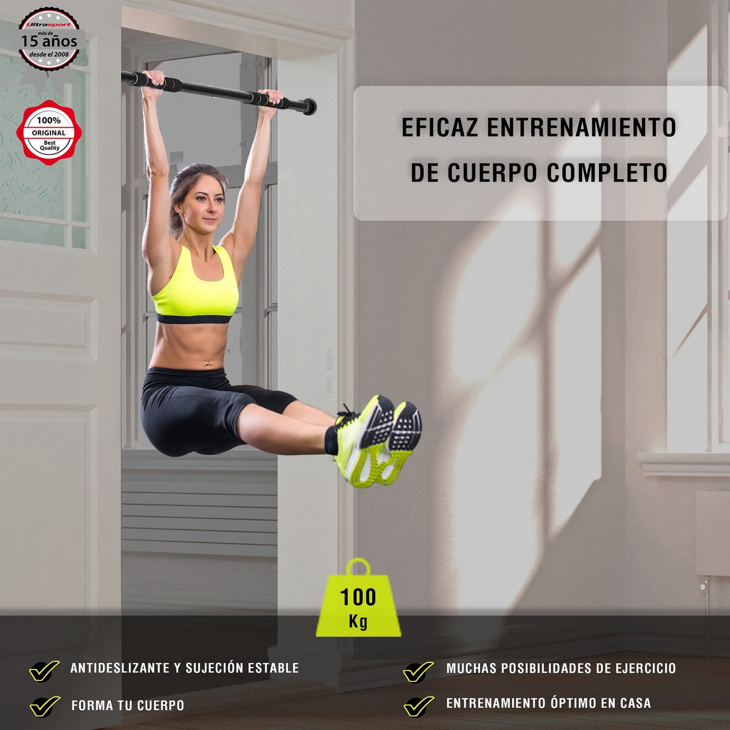 Ultrasport Barra de dominadas Doble para Puerta, Aparato para el Tren Superior, Ajustable para Anchos de 63-93 cm, Acero Robusto, Carga máxima 100kg, Unisex, Negro, 2-Way