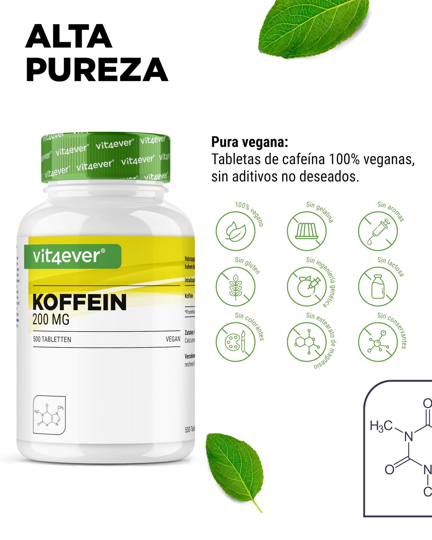Comprimidos de cafeína con 200 mg cada uno - 500 comprimidos - Sin aditivos no deseados - Altamente dosificado - Vegano
