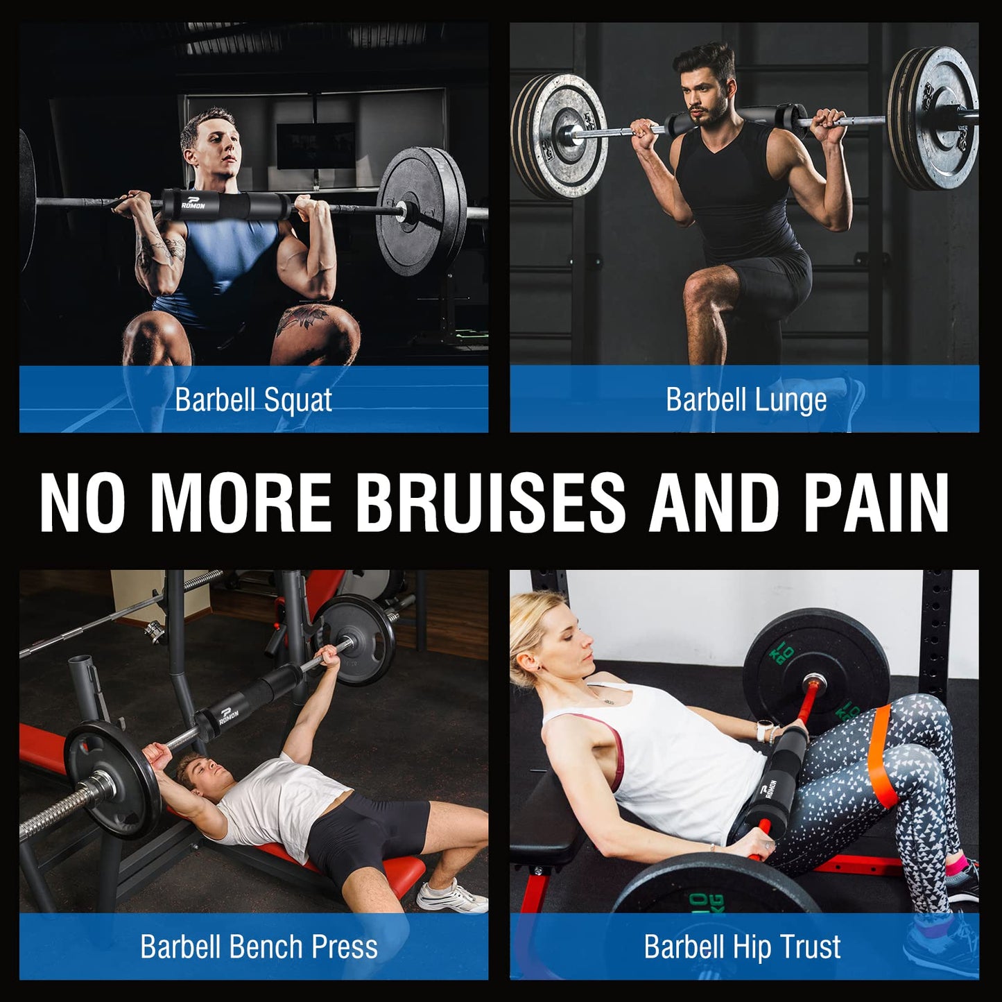 Romon Almohadilla Barra Gimnasio, Cuello Y Hombros Almohadilla Sentadillas con 2 Correas de Seguridad, Para Levantamiento de Lunges Hip Thrusts, negro, 43